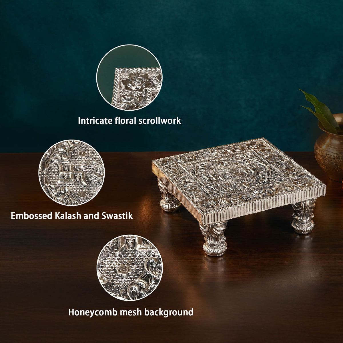 999 Silver Plated Swastik Pooja Chowki