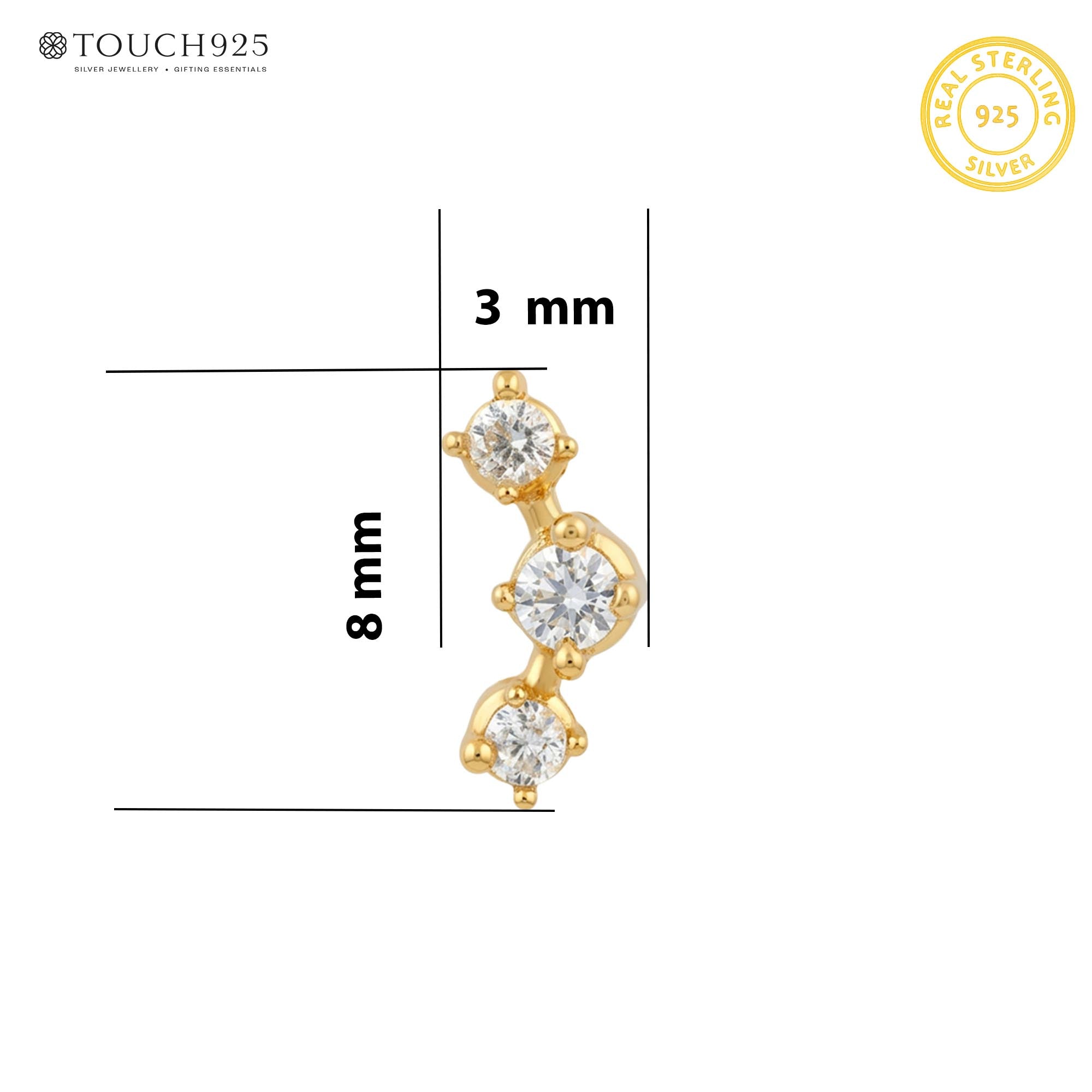 Curved Triple Zircon Silver Nose Pin