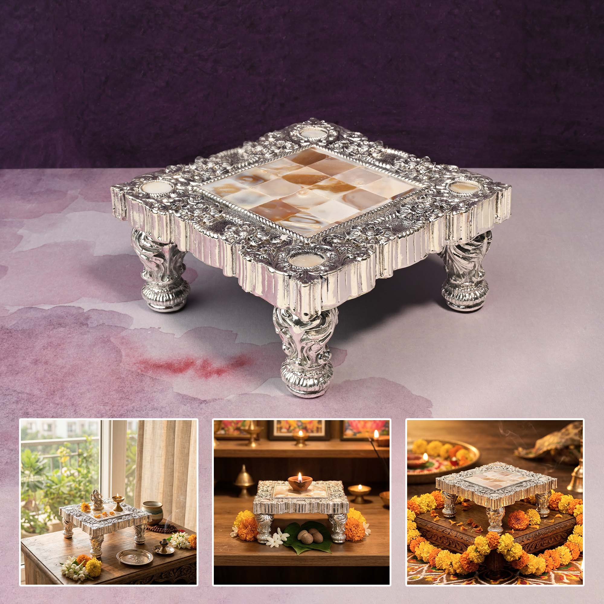 999 Silver Plated Mother of Pearl Chowki