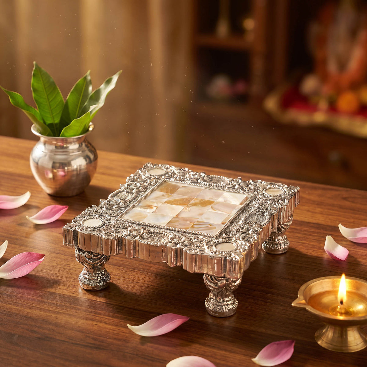 999 Silver Plated Mother of Pearl Chowki