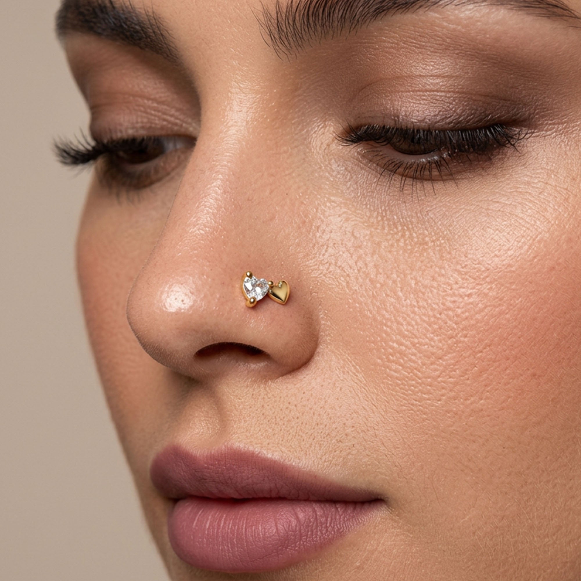 Dual Heart Zircon Silver Nose Pin