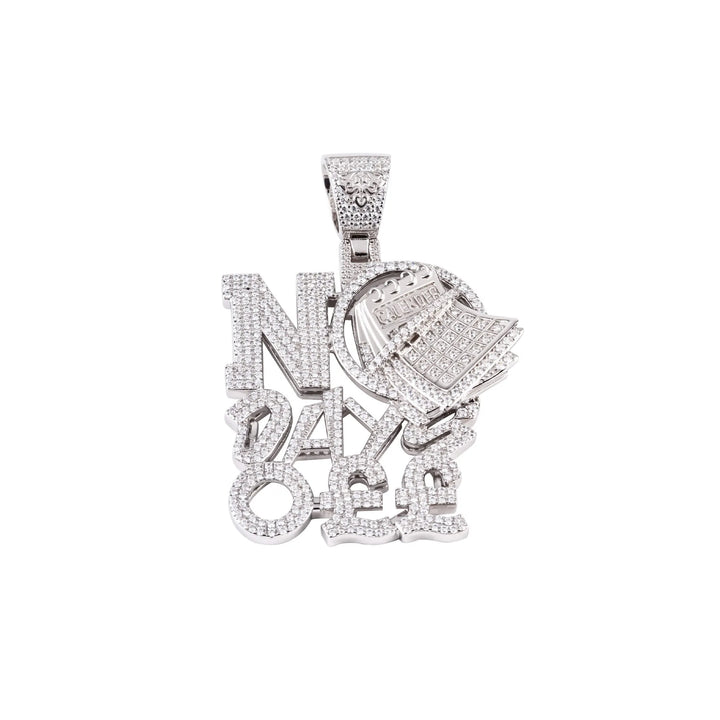 A Touch 925 No Days Off Zircon Studded Silver Locket encrusted with diamonds featuring the phrase "NO DAYS OFF" in bold letters. The 'N' and 'O' are connected with a baseball cap design, also adorned with diamonds. Crafted from 92.5 silver, this unique calendar design pendant has a loop at the top for attaching to a chain.