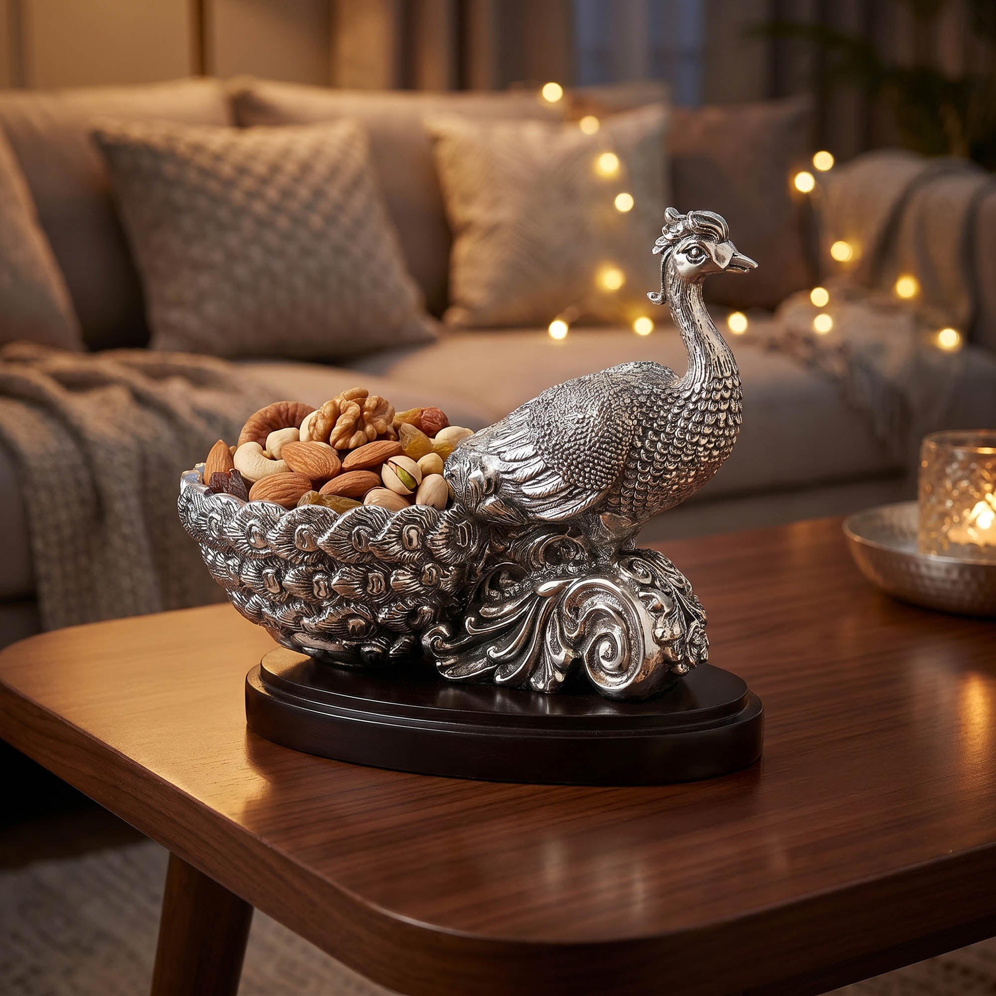 999 Silver Plated Peacock Bowl Figure