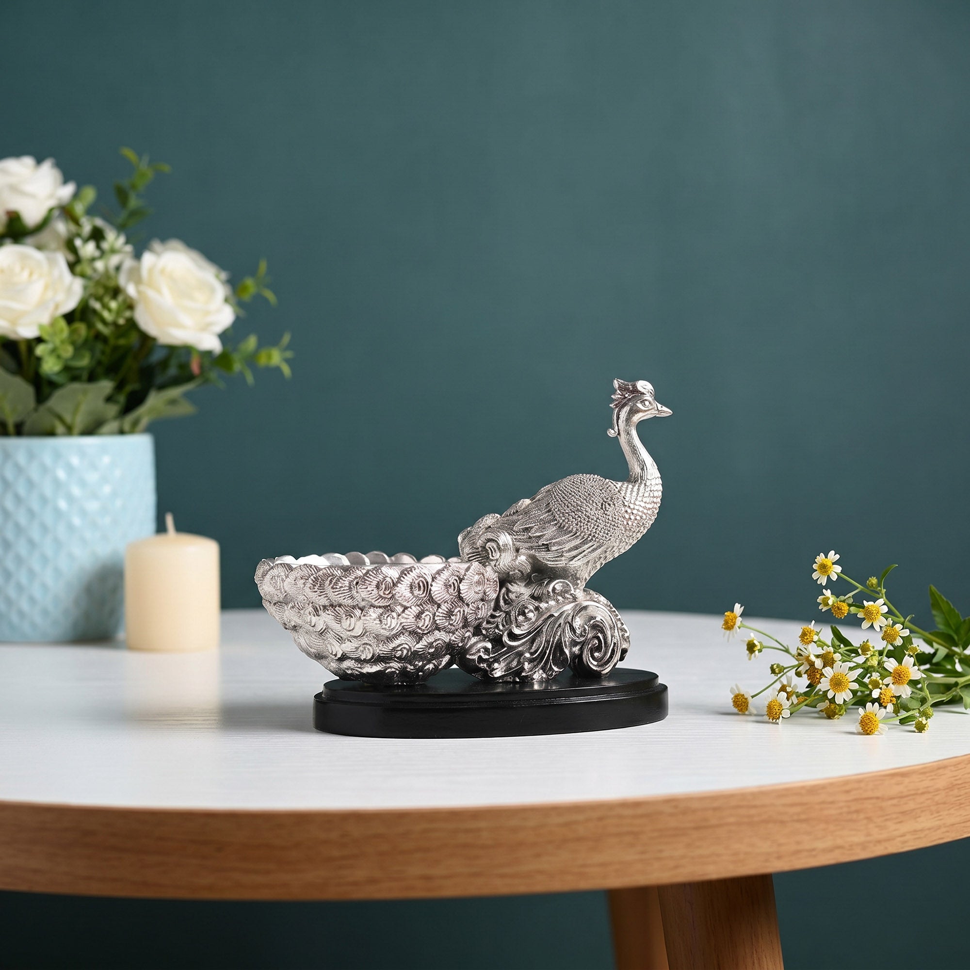 999 Silver Plated Peacock Bowl Figure
