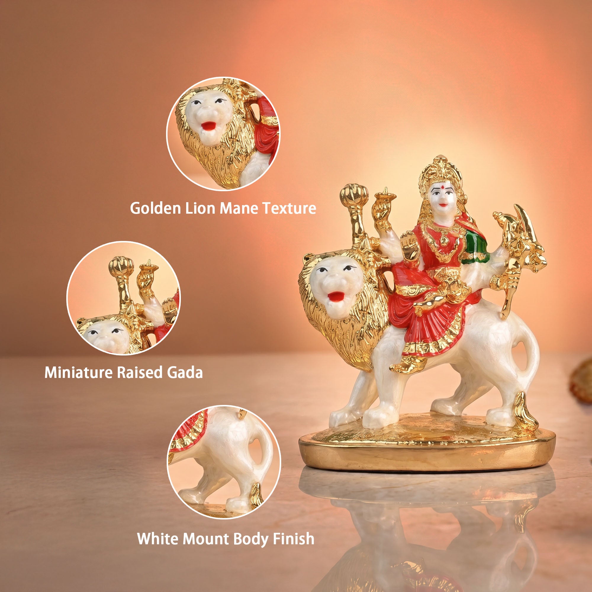 24K Gold Plated Durga Lion Ride Idol