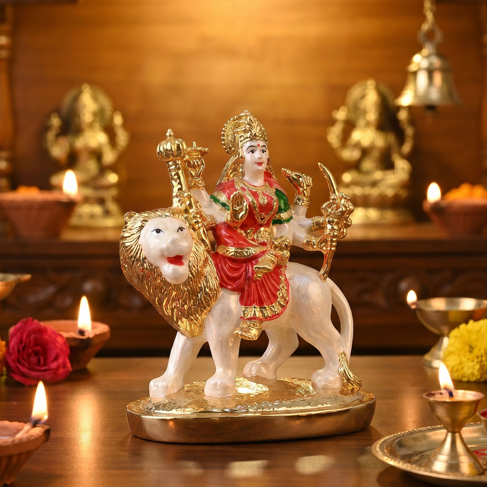 24K Gold Plated Durga Lion Ride Idol