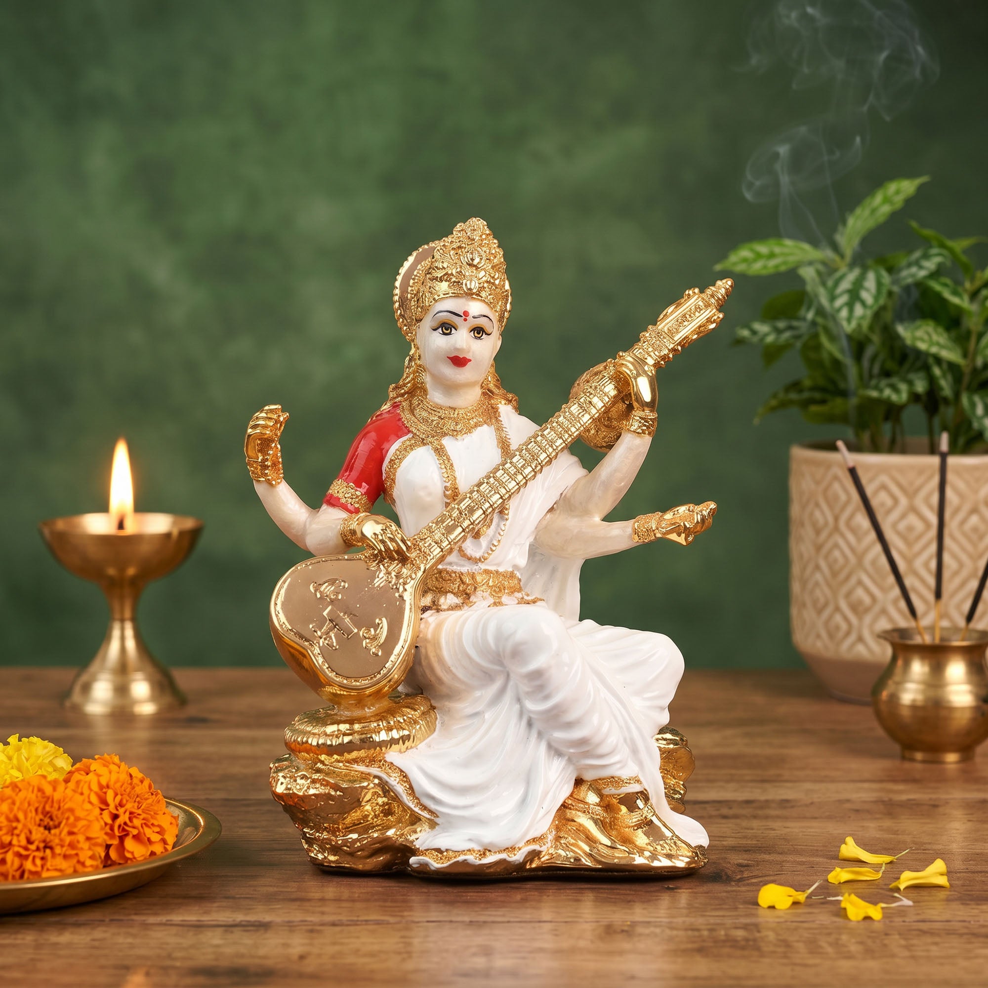 24K Gold Plated Veena Saraswati Idol