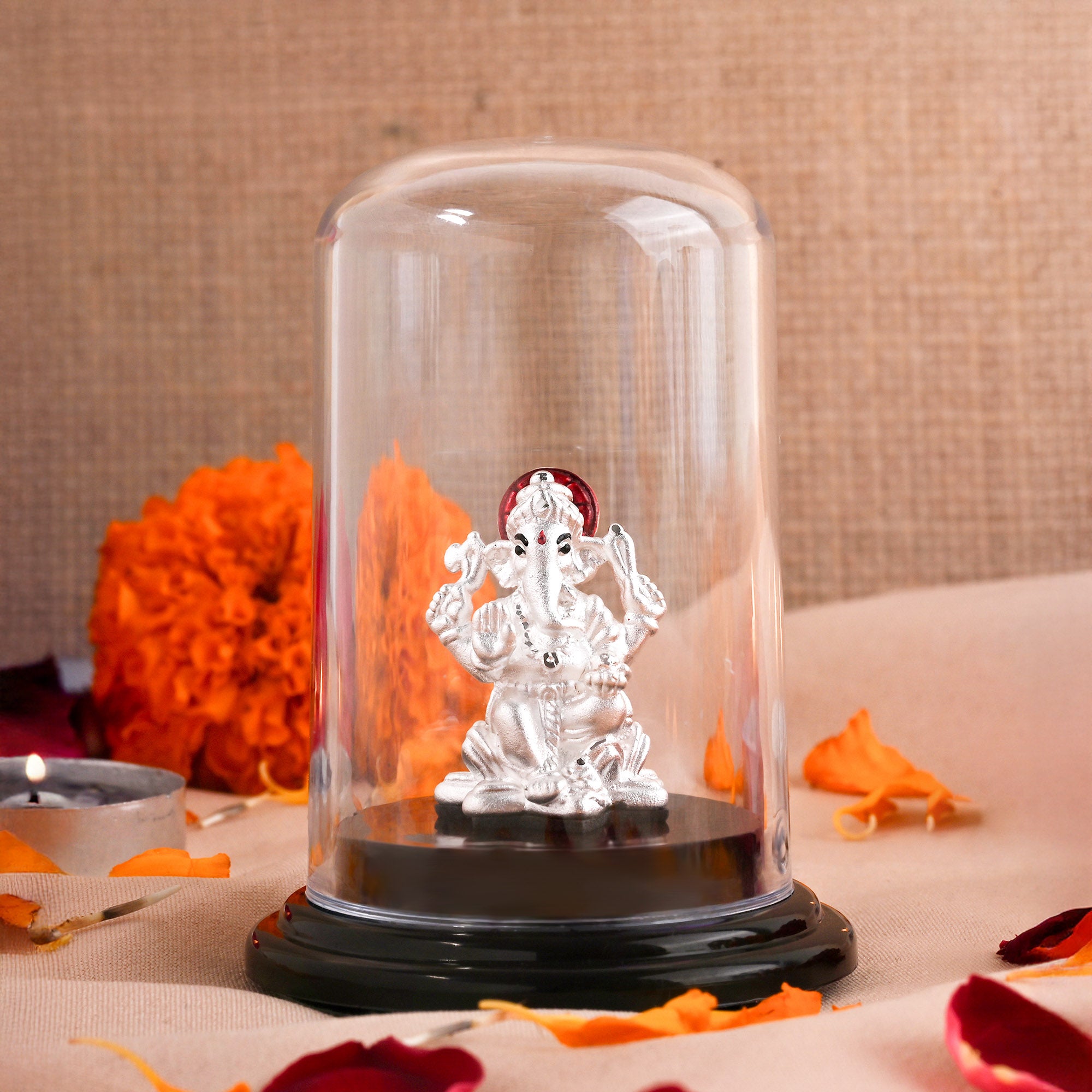 999 Silver Glass Dome Ganesha Idol