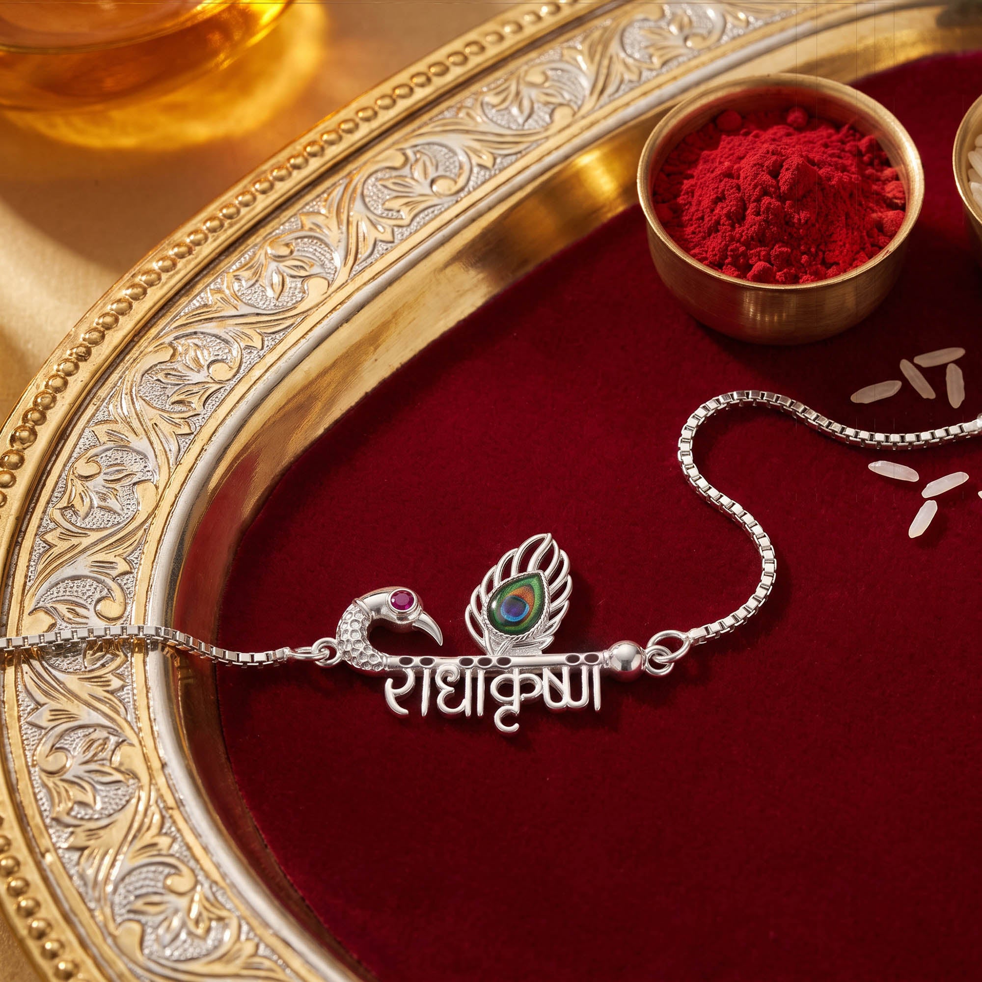 Radha Krishna Mayur Silver Rakhi