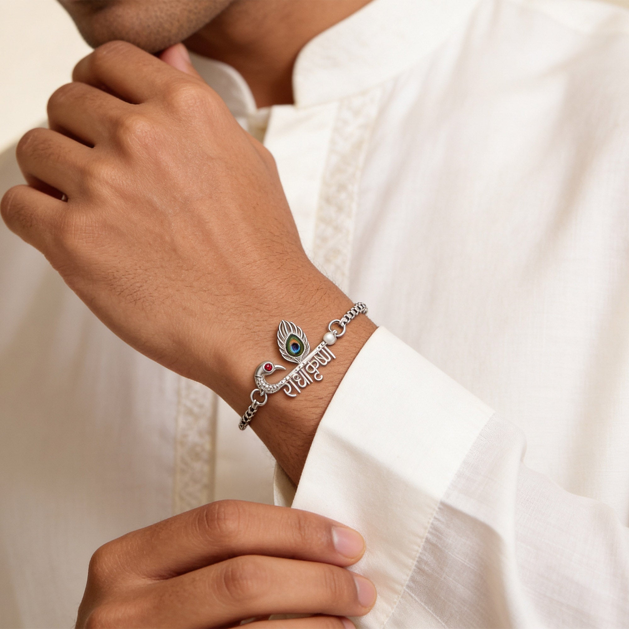 Radha Krishna Mayur Silver Bracelet