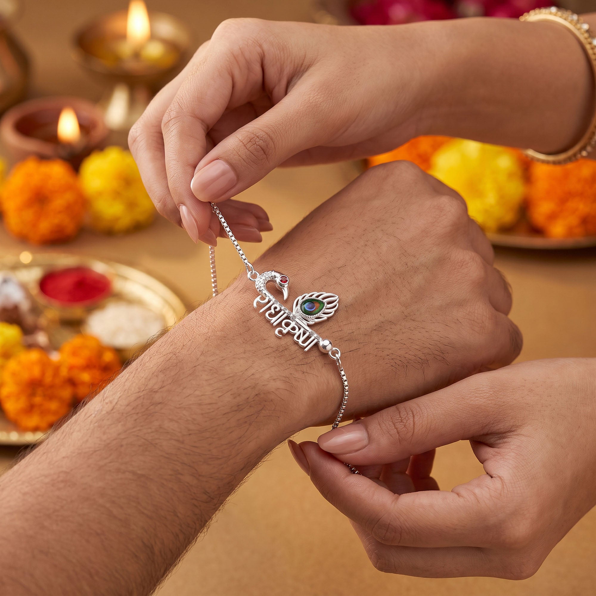 Radha Krishna Mayur Silver Rakhi