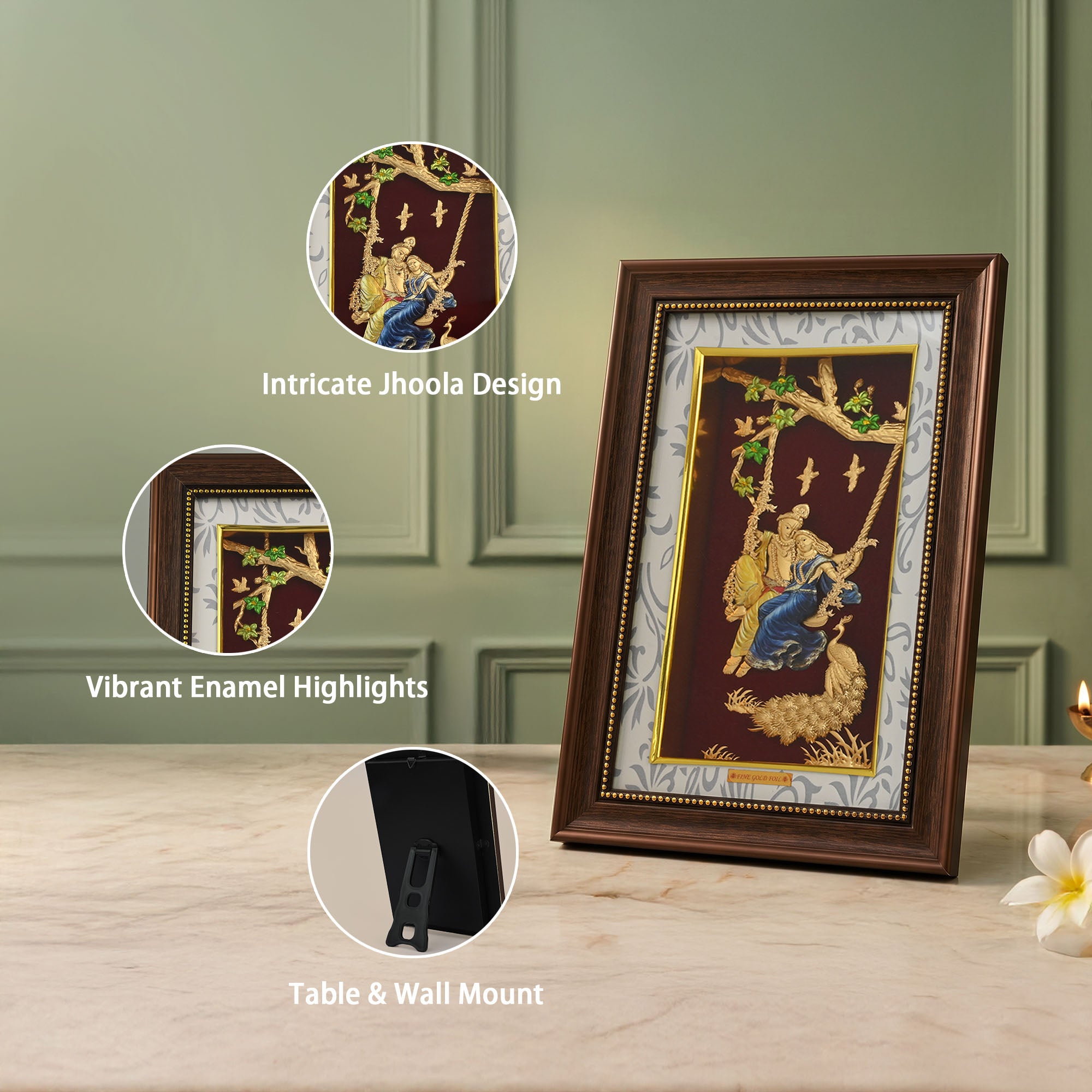 Radha Krishna 24K Gold Foil Jhoola Frame