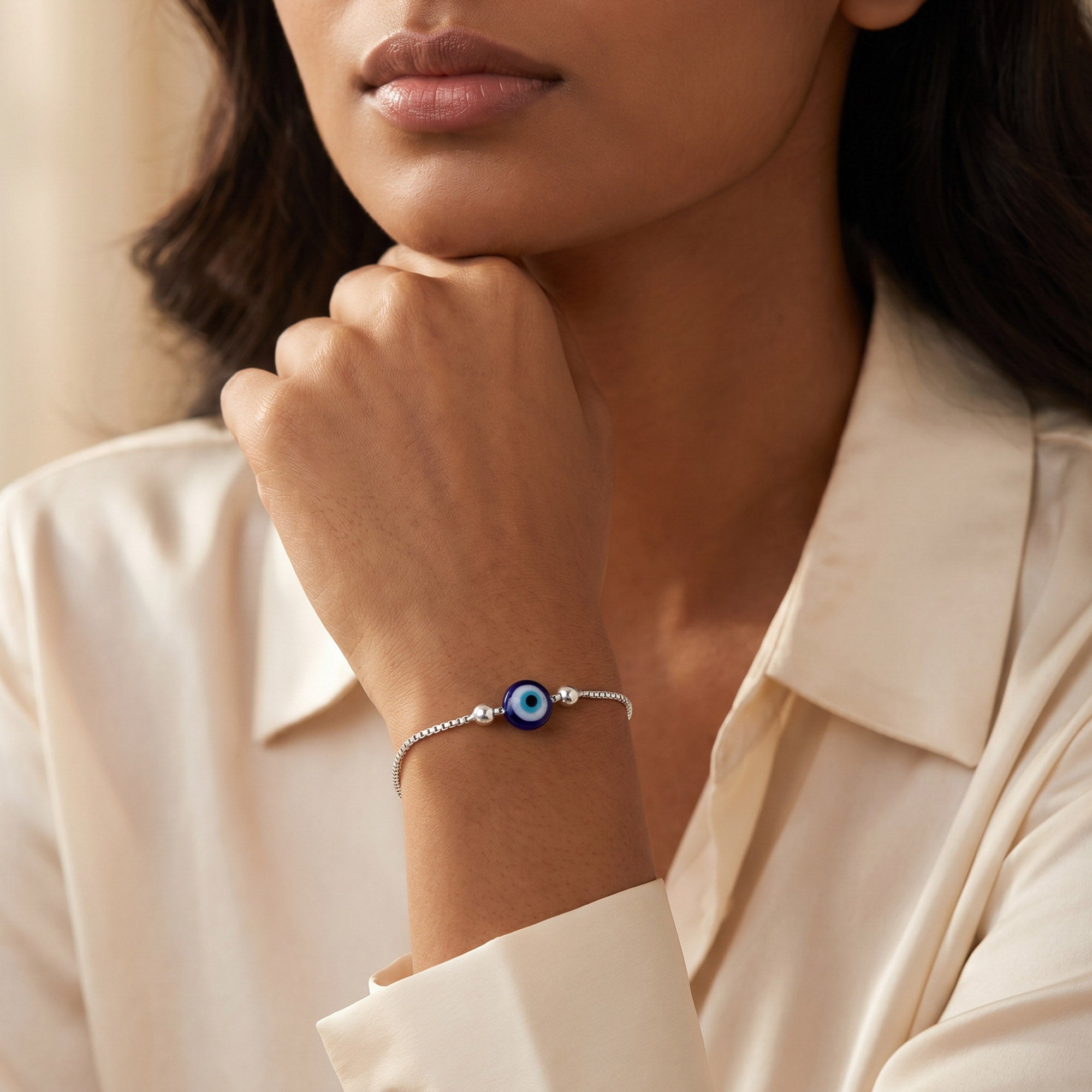 Evil Eye Beaded Silver Bracelet