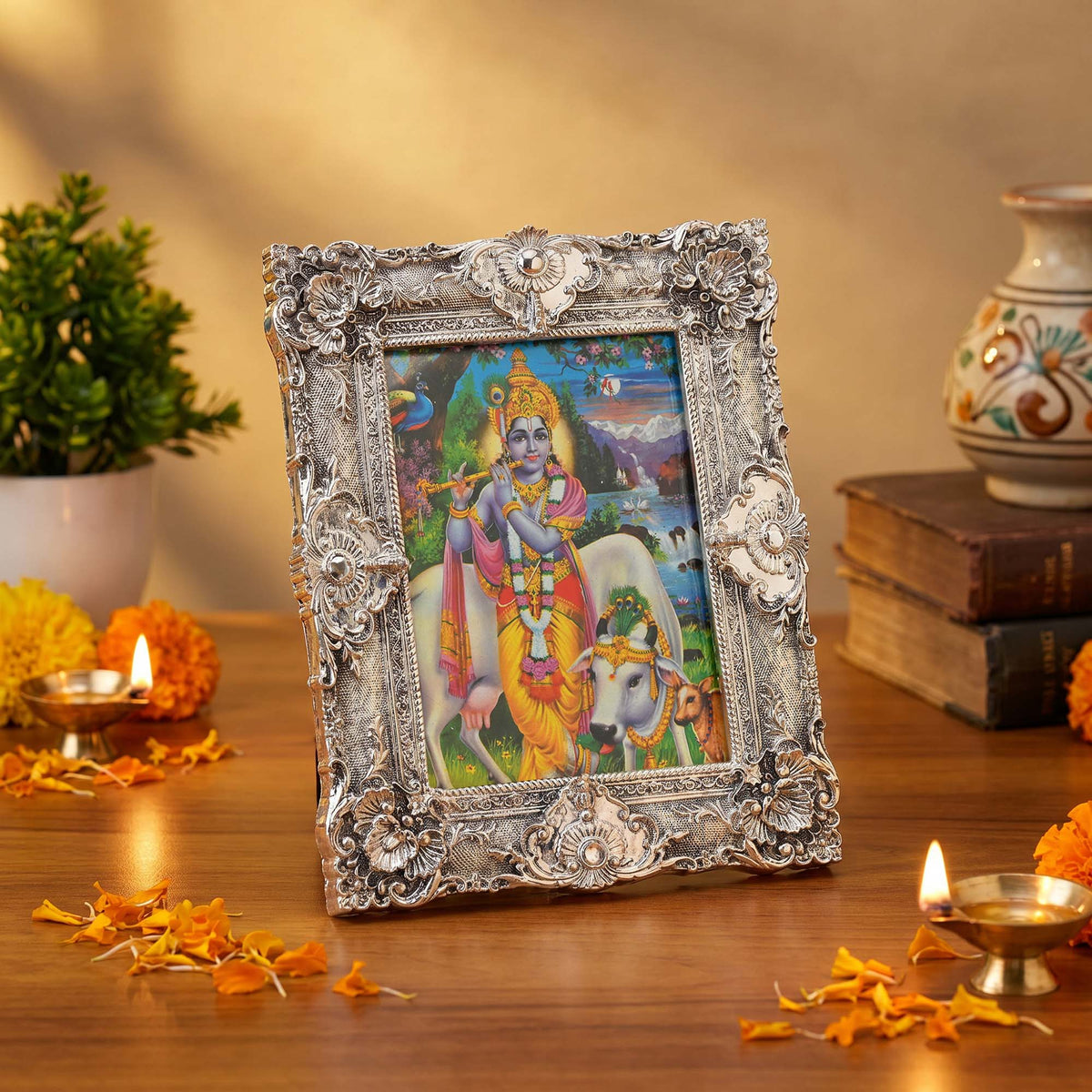999 Silver Plated Lord Krishna Frame