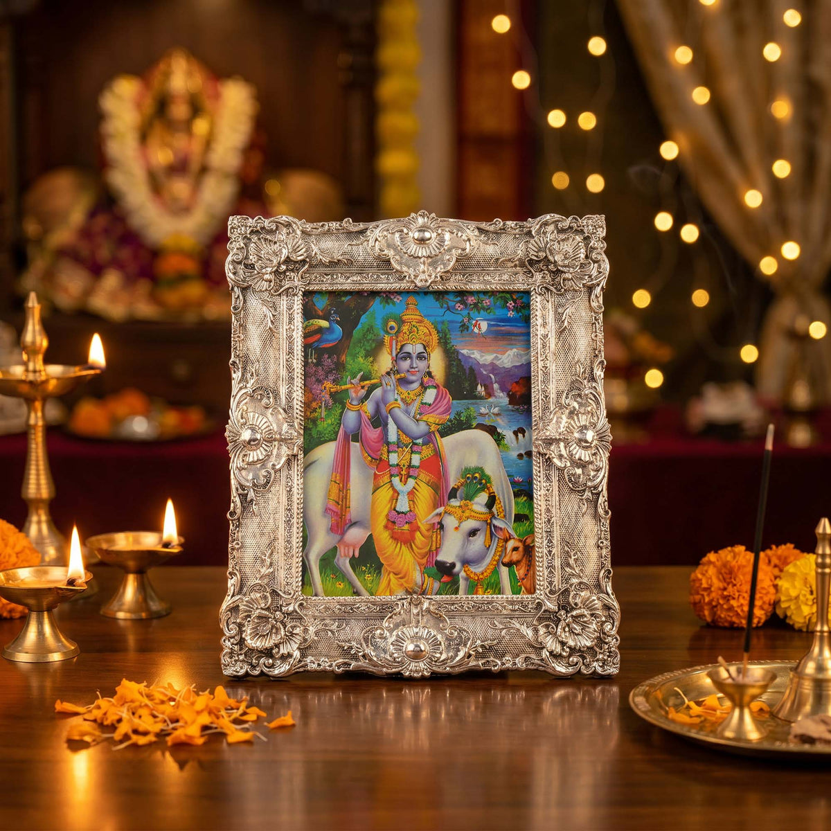 999 Silver Plated Lord Krishna Frame