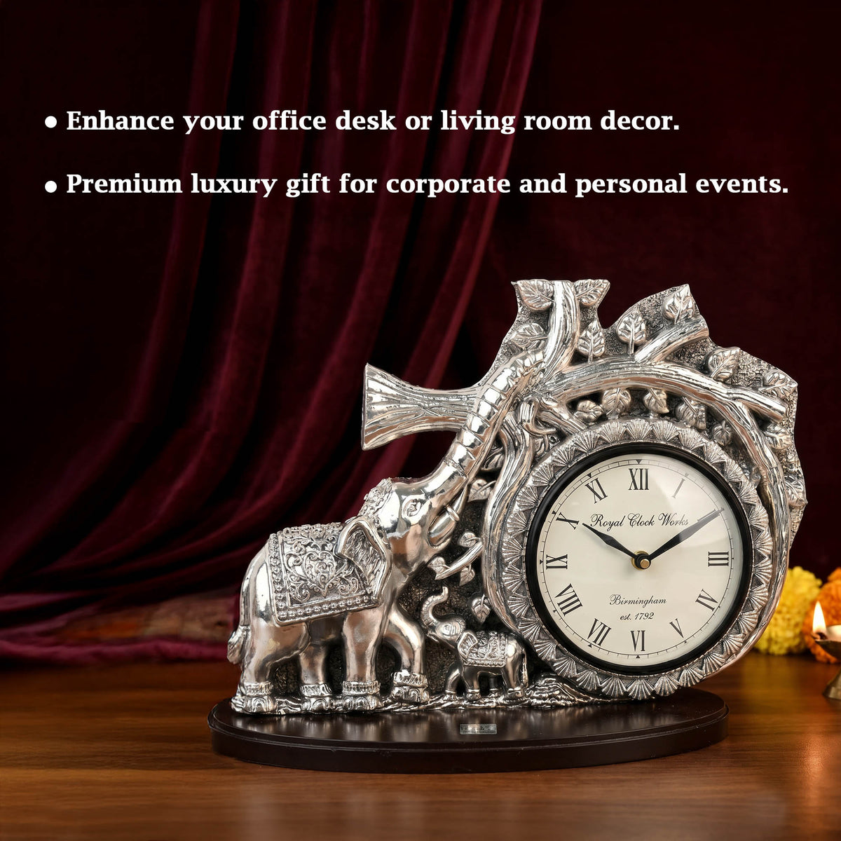 999 Silver Plated Elephant Table Clock