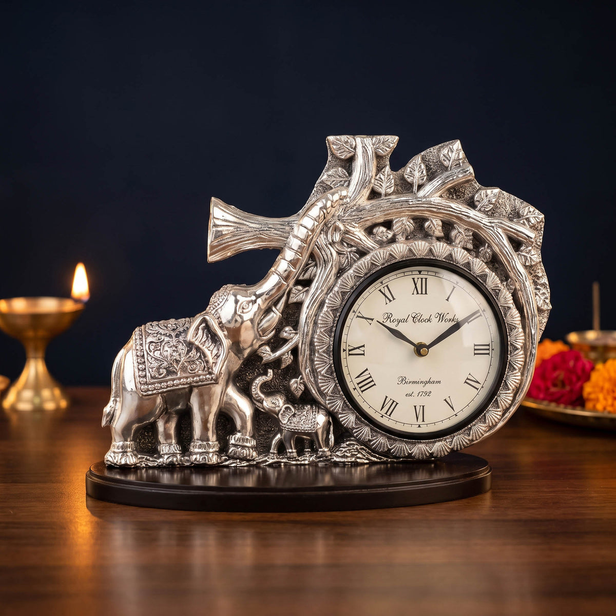 999 Silver Plated Elephant Table Clock