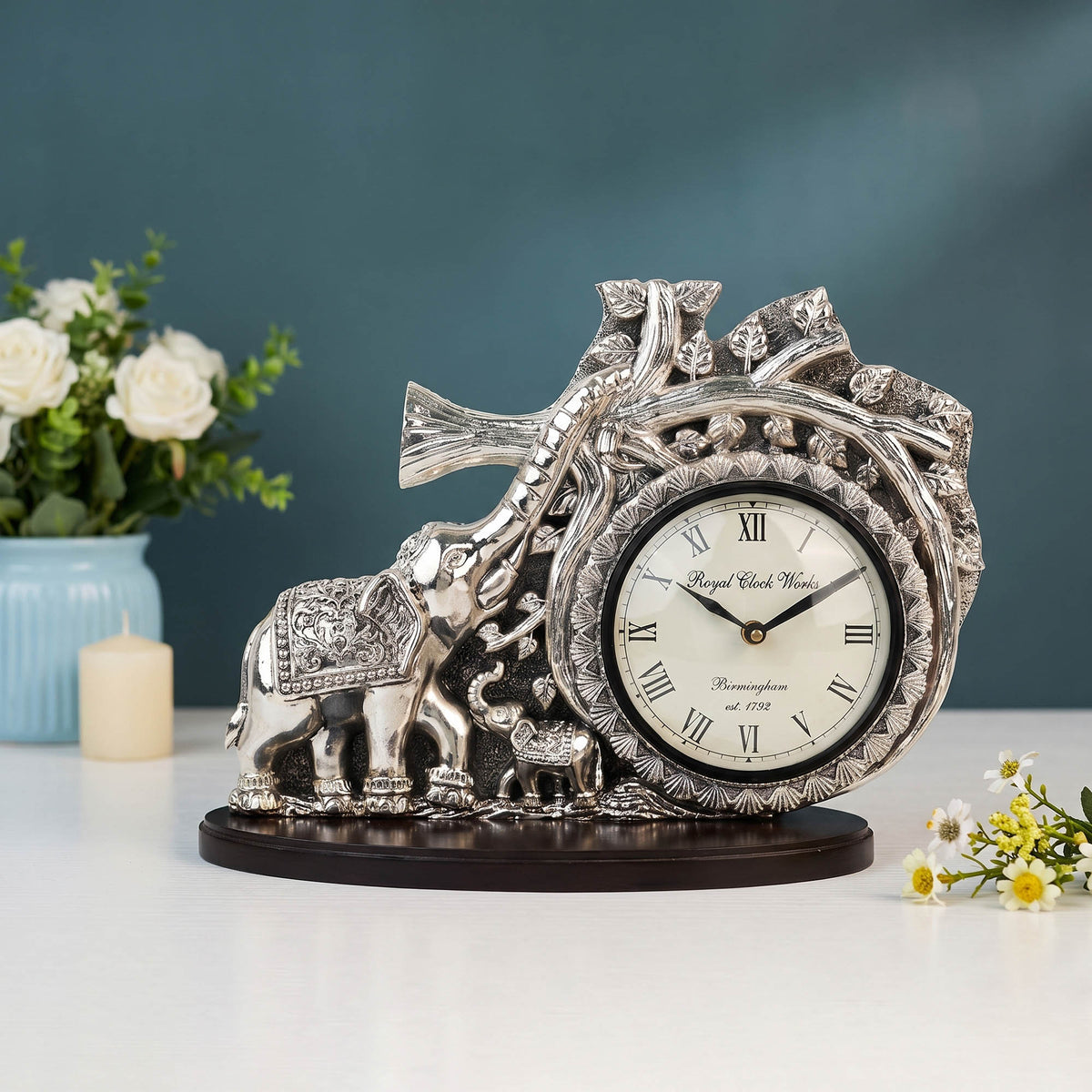 999 Silver Plated Elephant Table Clock