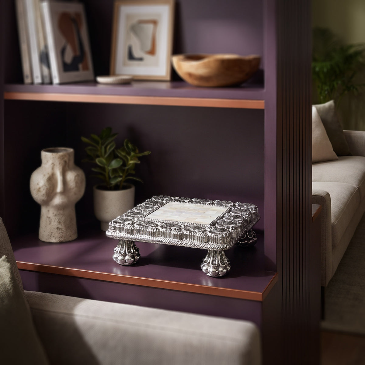 Silver Square Floral Chowki