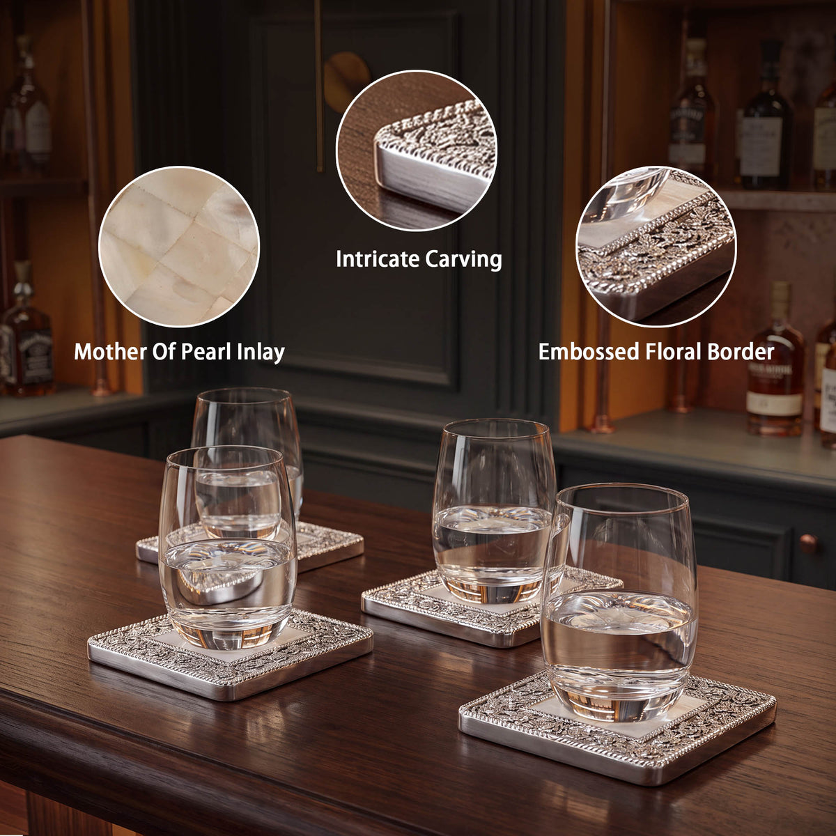 Silver Floral Coasters Set