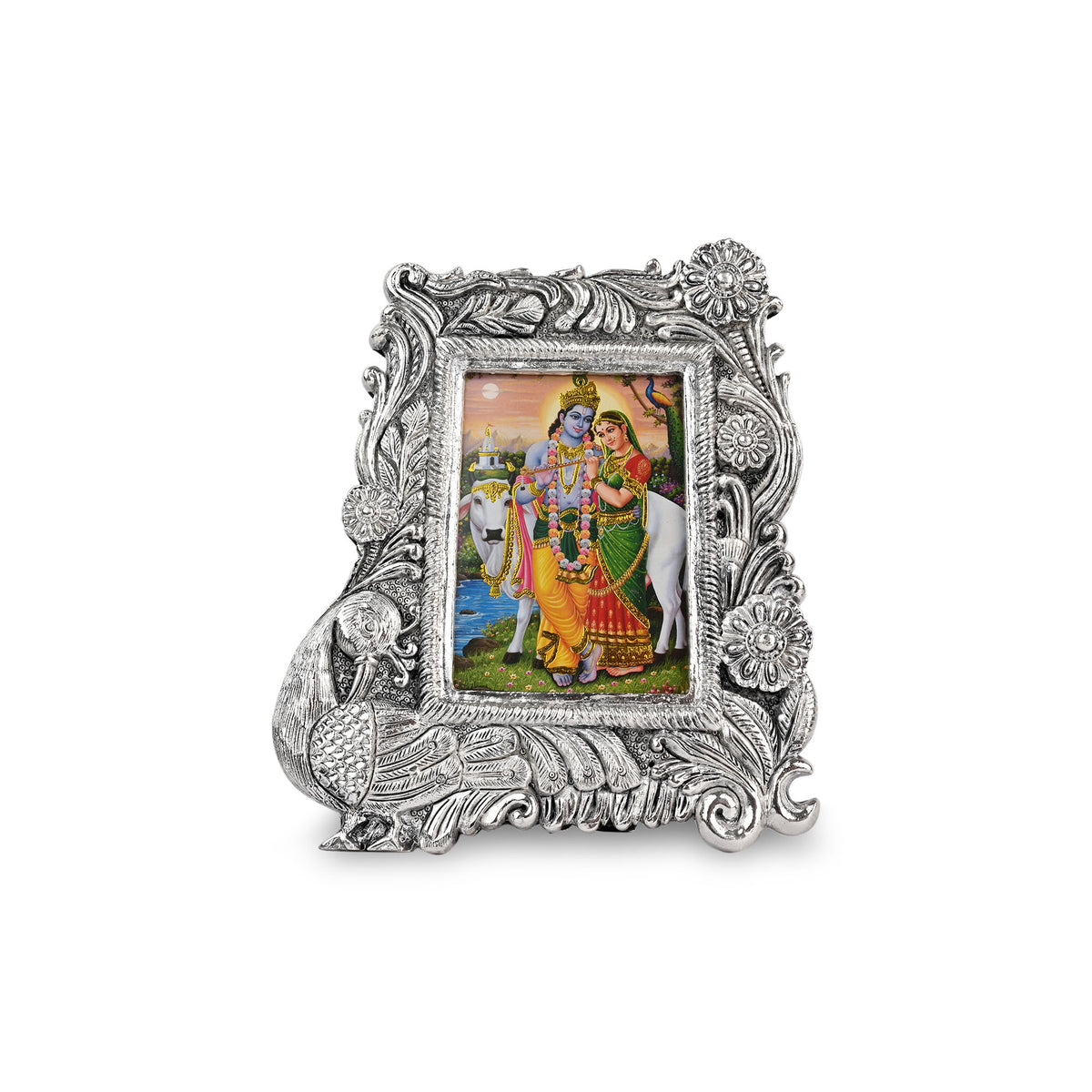 Silver Radha Krishna Peacock Frame