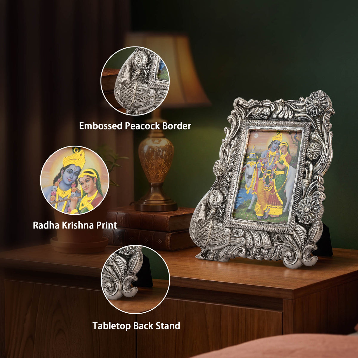 Silver Radha Krishna Peacock Frame