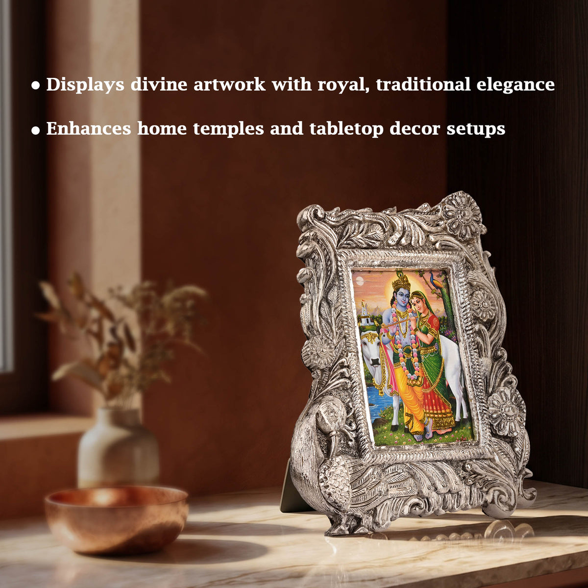 Silver Radha Krishna Peacock Frame