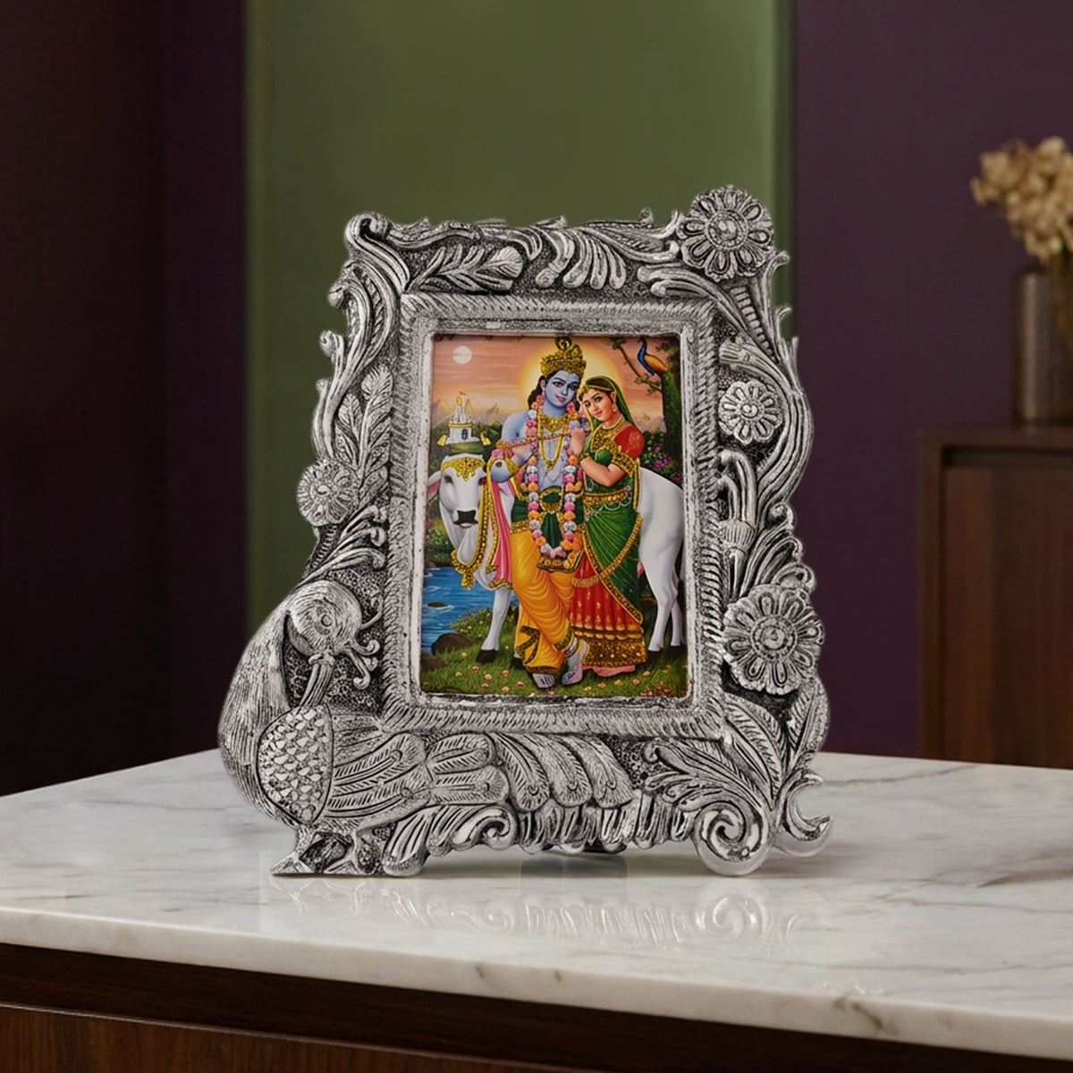 Silver Radha Krishna Peacock Frame