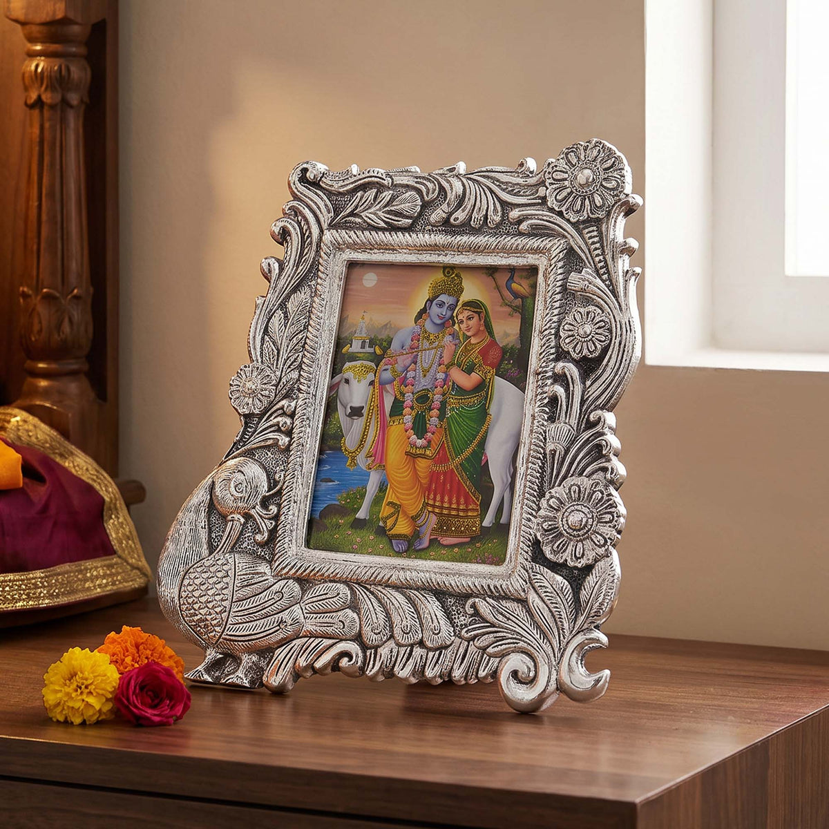 Silver Radha Krishna Peacock Frame