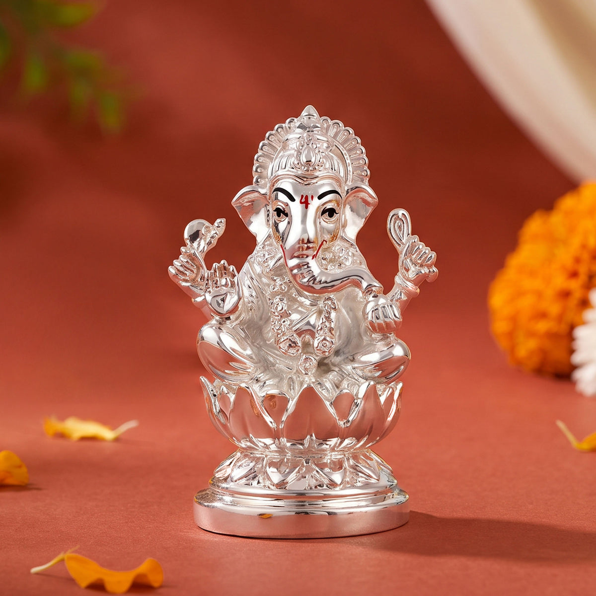 999 Silver Plated Ganesha Lotus Idol