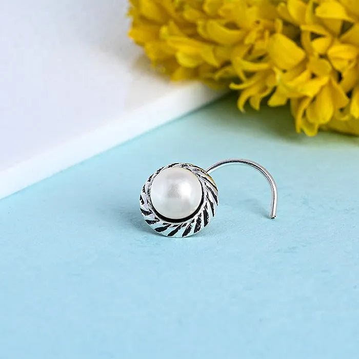 Oxidized Silver Pearl Nose Pin - Touch925