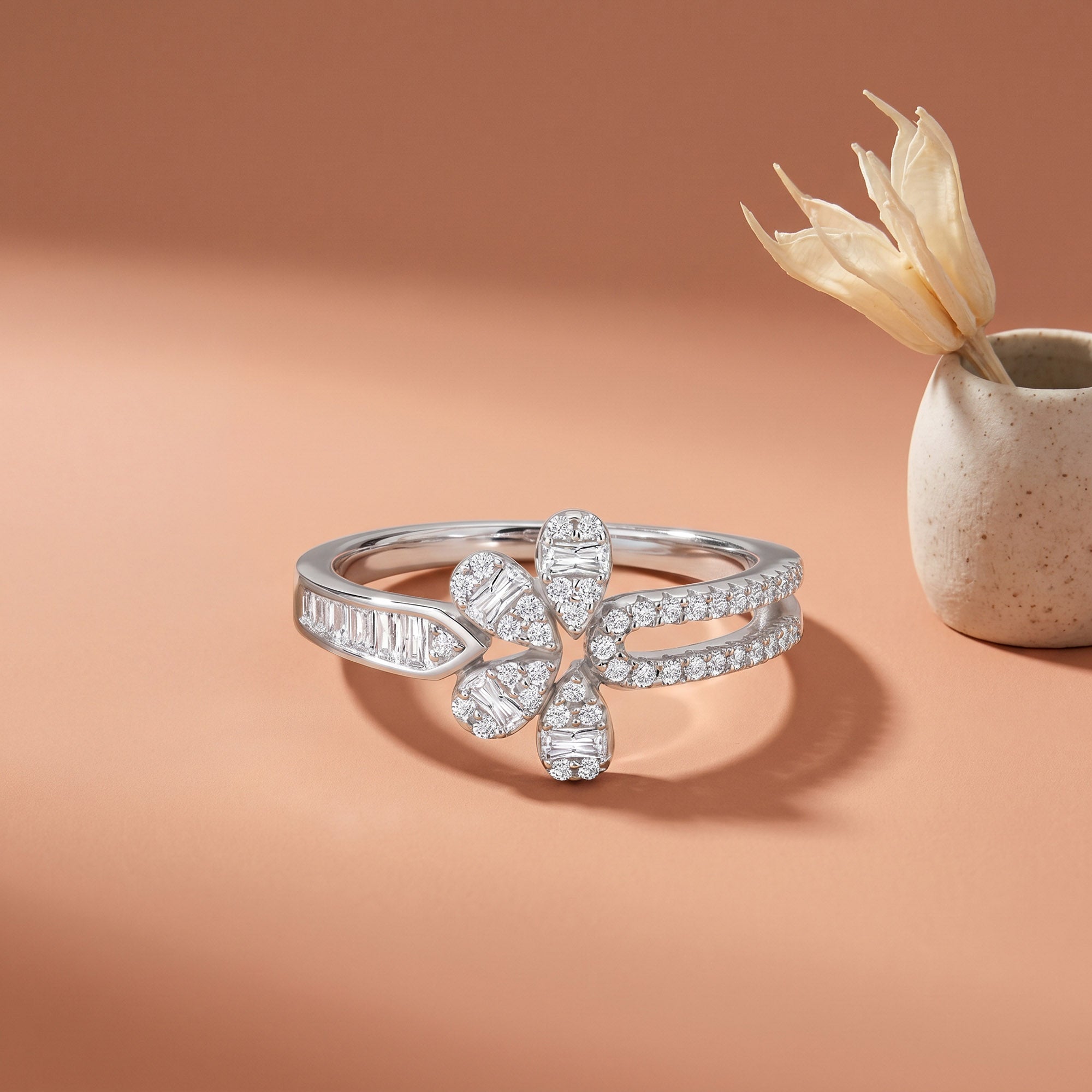 Floral Split Band Silver Ring