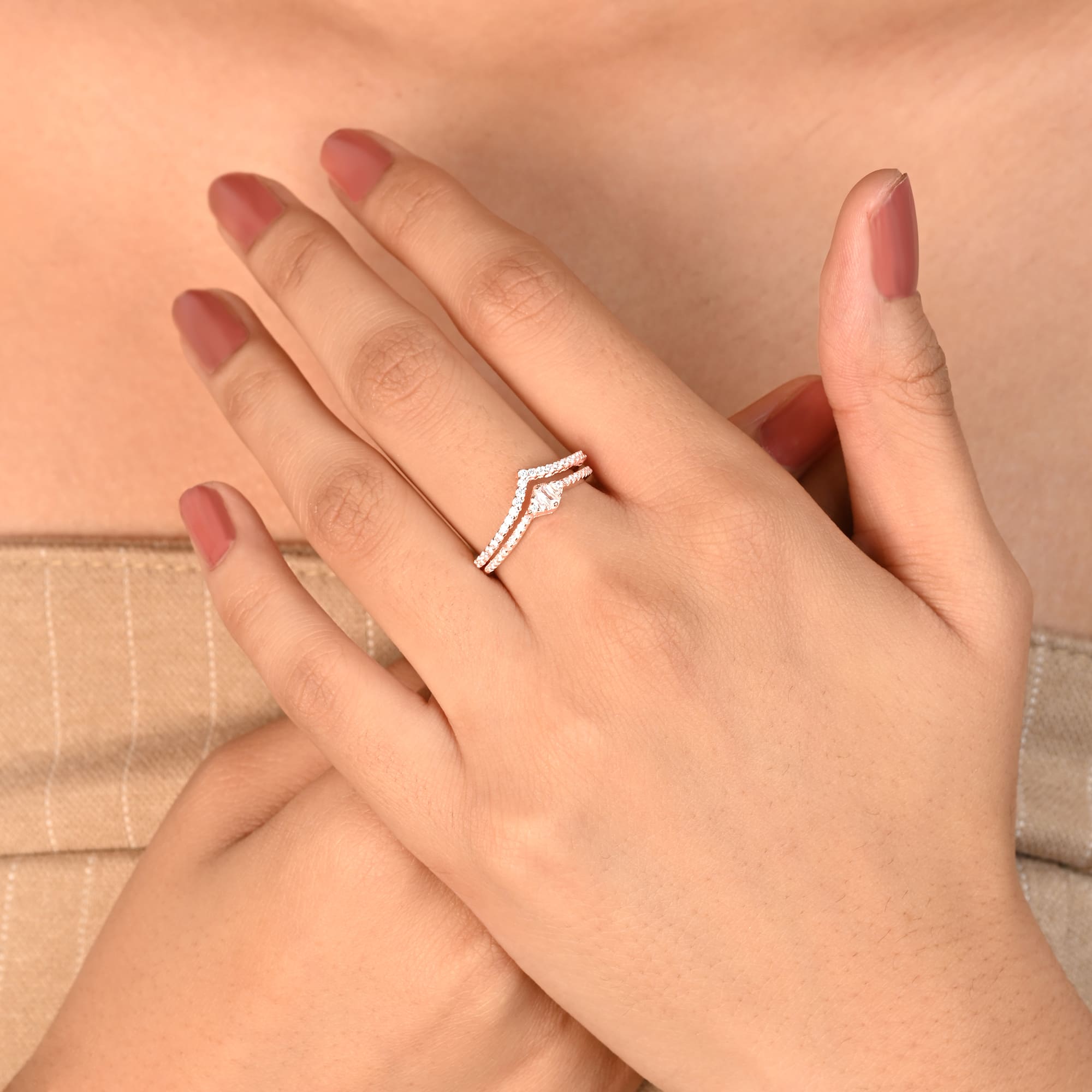 V-Shape Rectangular CZ Silver Ring