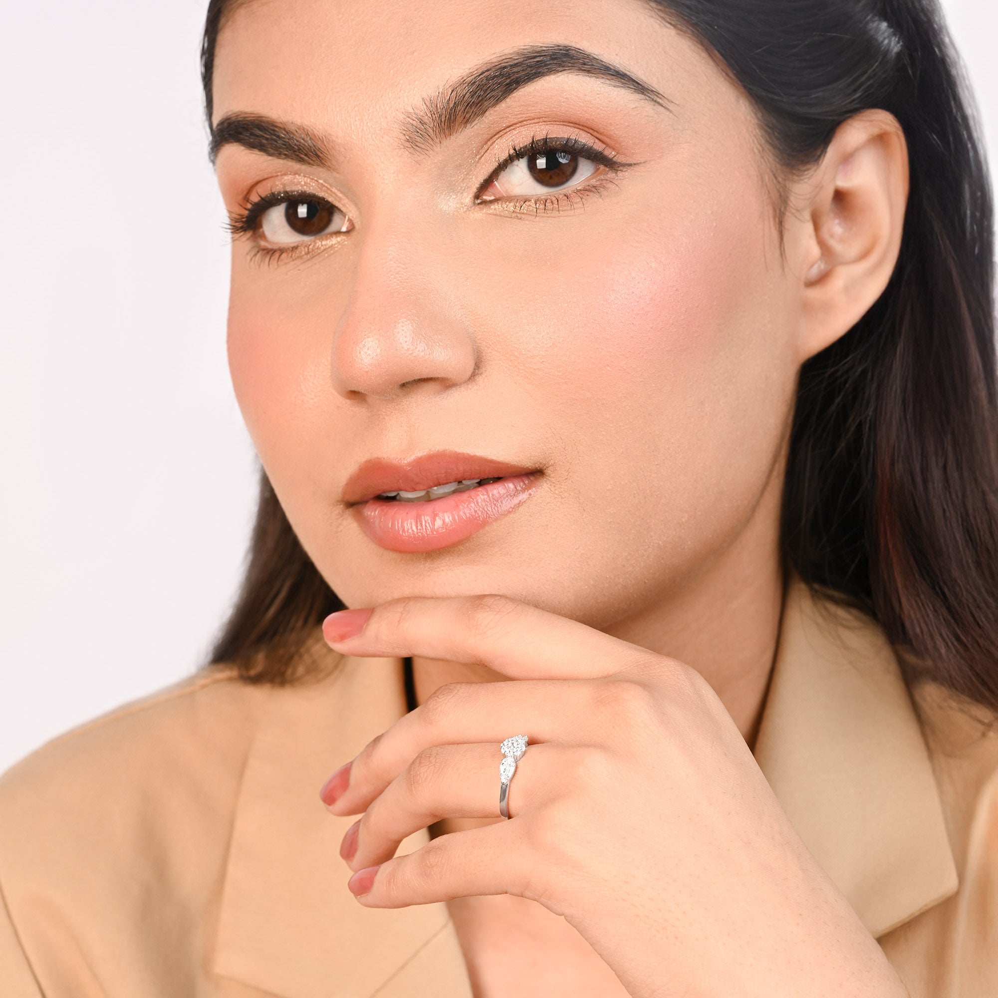 Leaf Accent Cluster CZ Silver Ring