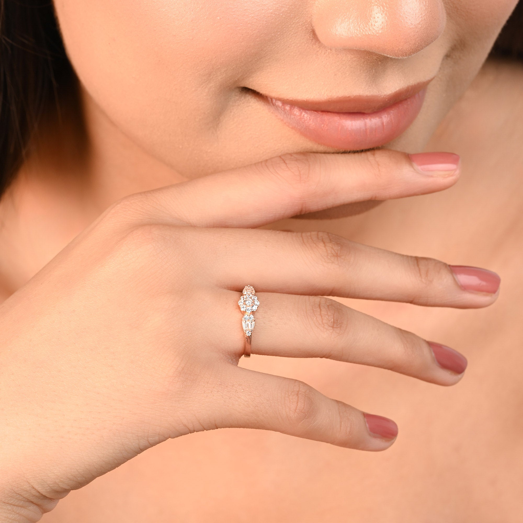 Leaf Accent Cluster CZ Silver Ring