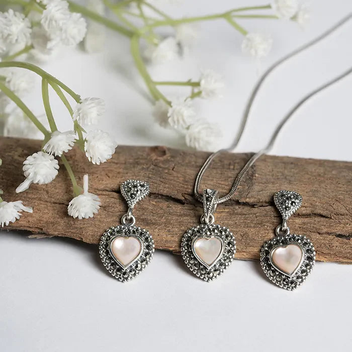 Blush Blooms Oxidised Silver Pendant Set - Touch925