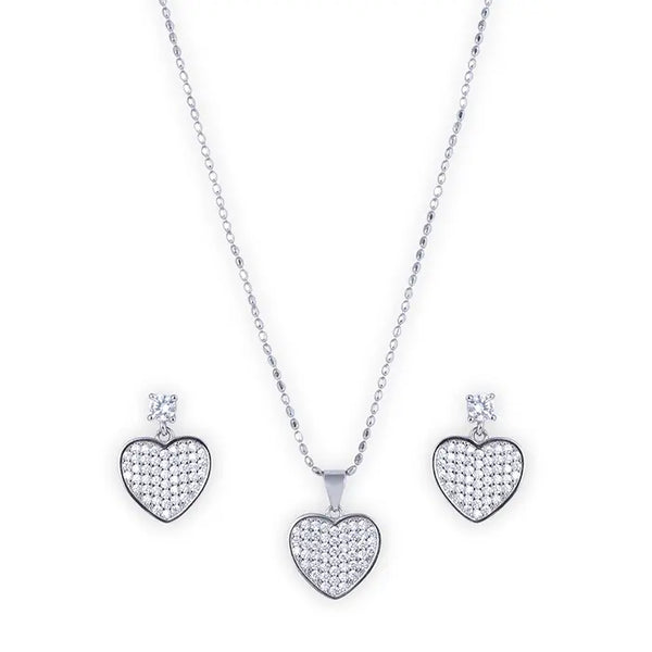 Zircon Studded Silver Heart Pendant Set