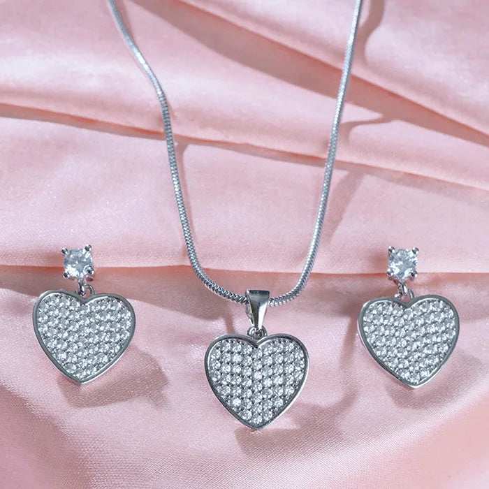 Zircon Studded Silver Heart Pendant Set - Touch925