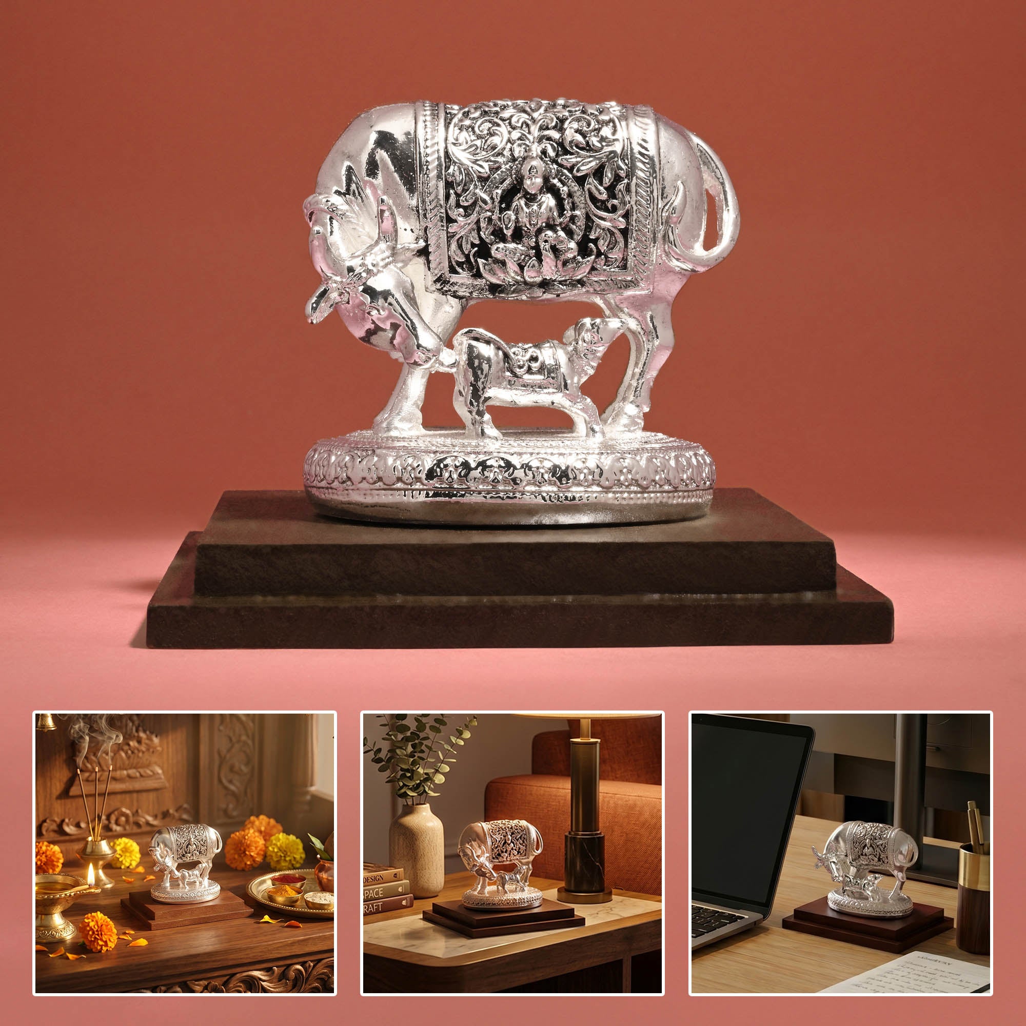 999 Silver Kamdhenu Intricate Carvings Idol