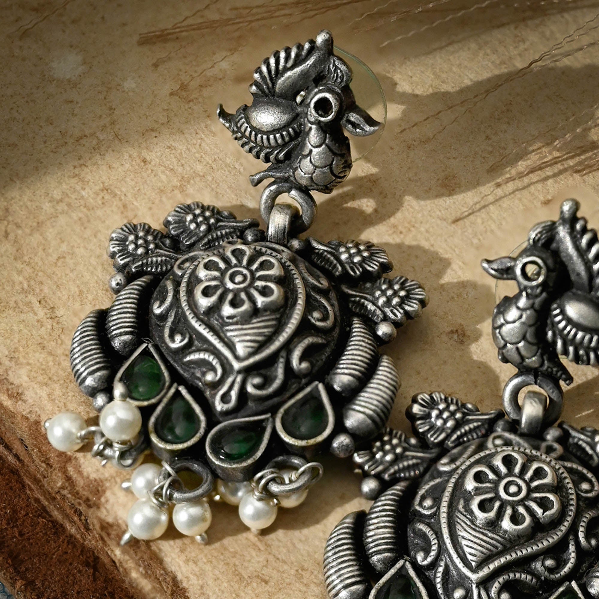 Green Floral Pearl Drops Silver Earrings