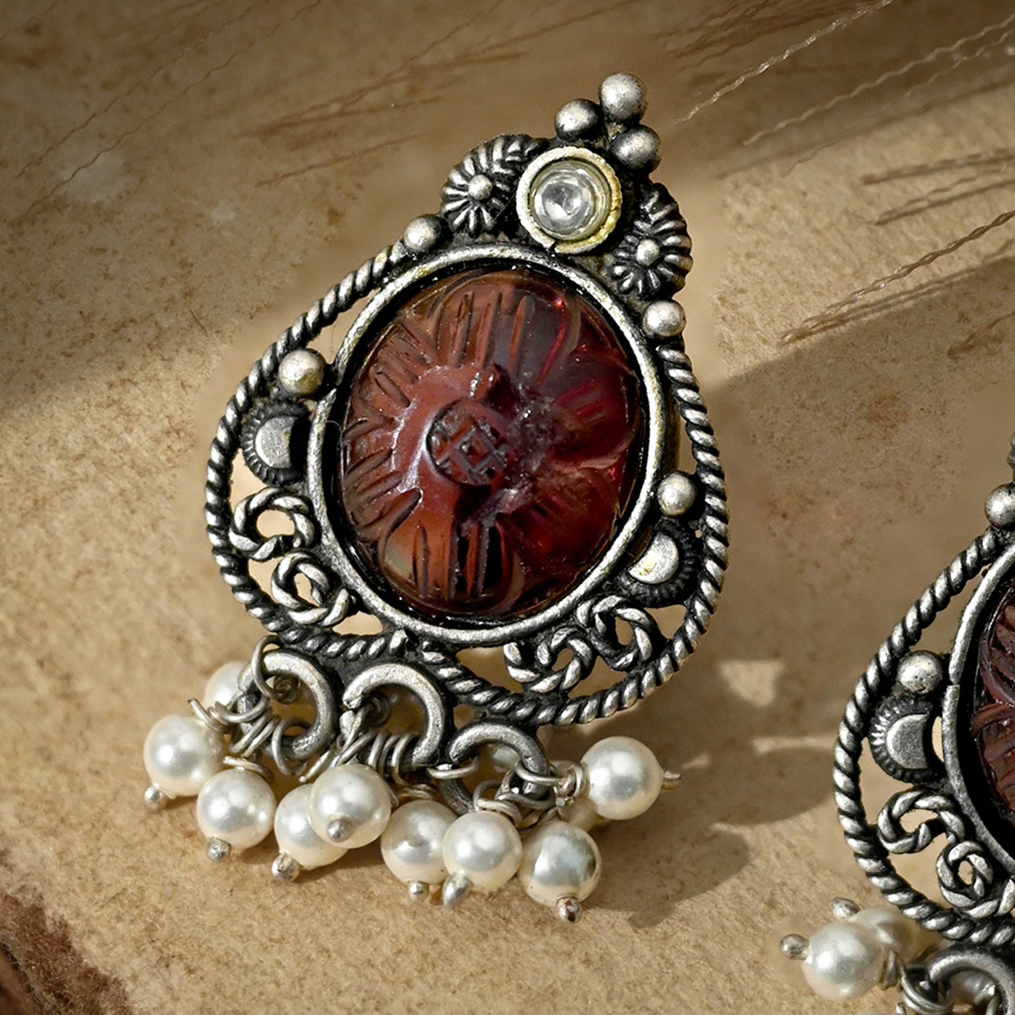 Carved Gemstone Antique Silver Earrings