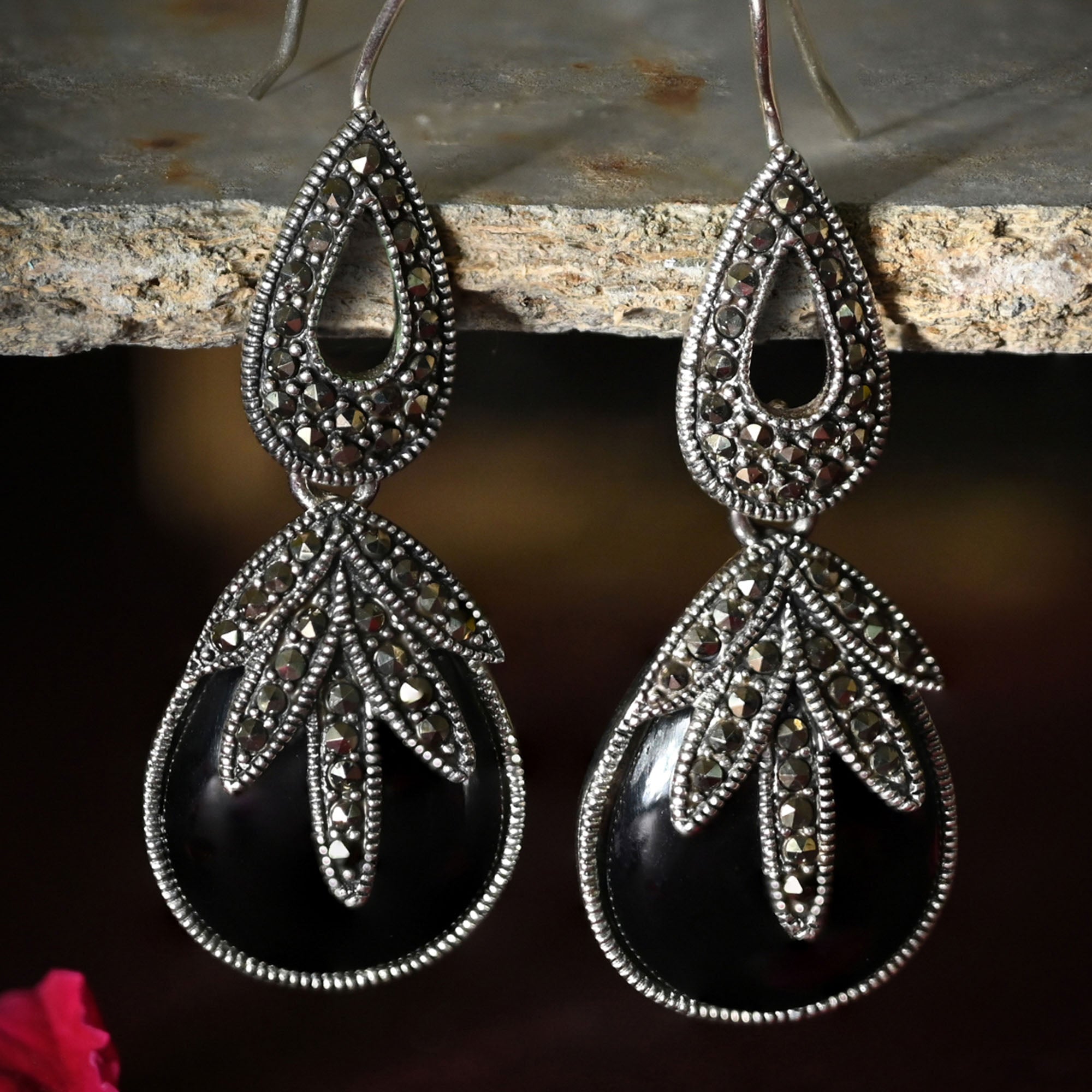 Teardrop Black Stone Silver Earrings