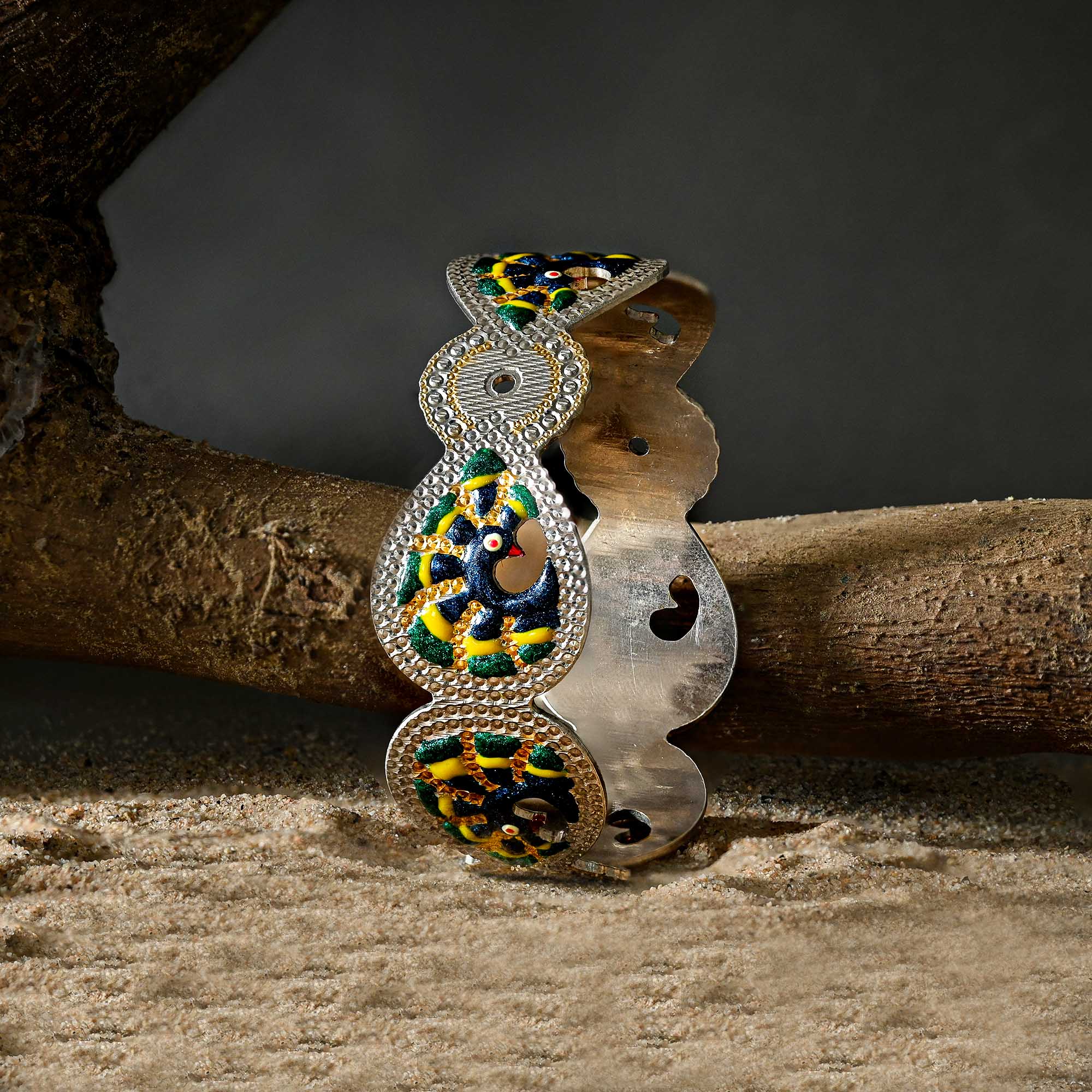 Enamel-Patterned Silver Kada