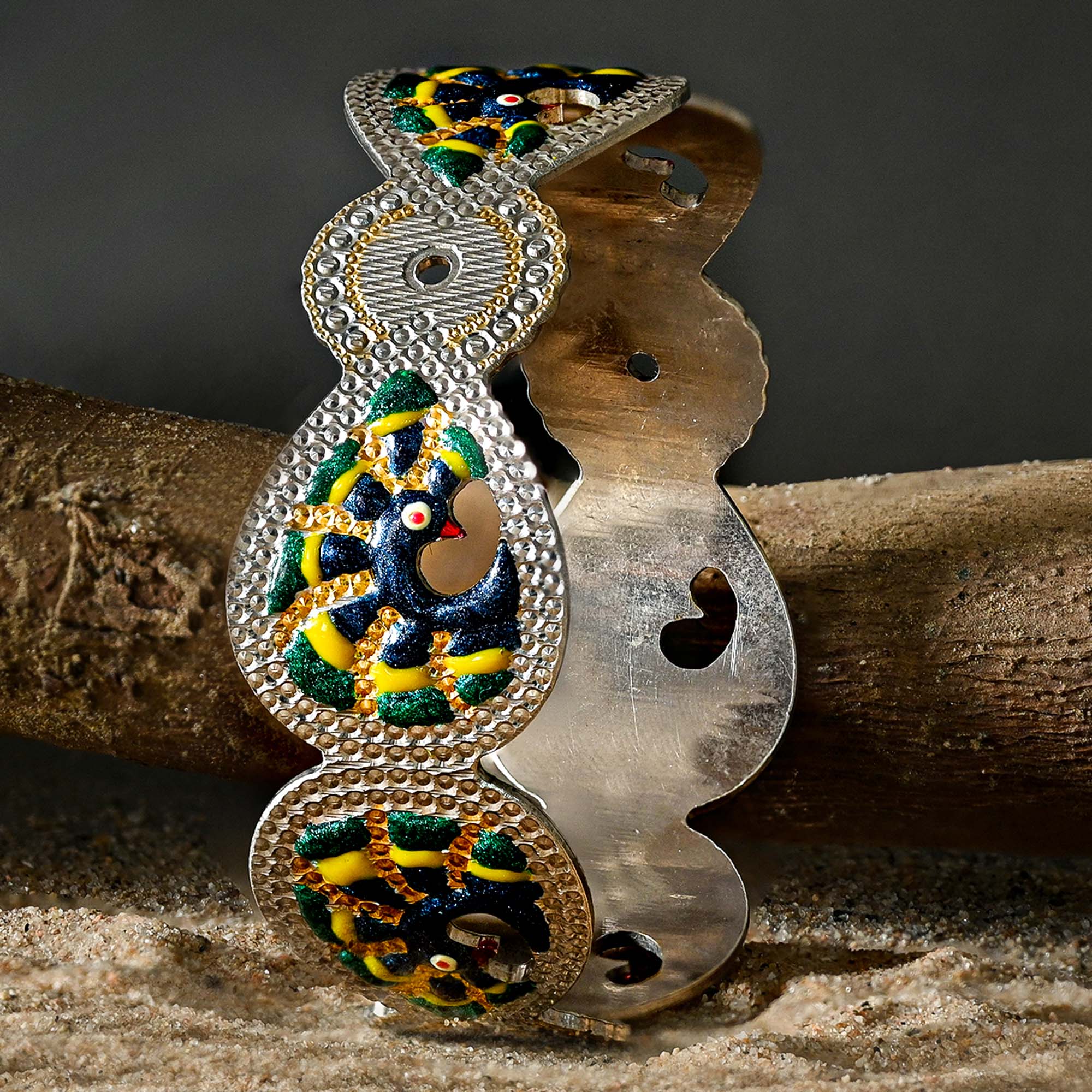 Enamel-Patterned Silver Kada
