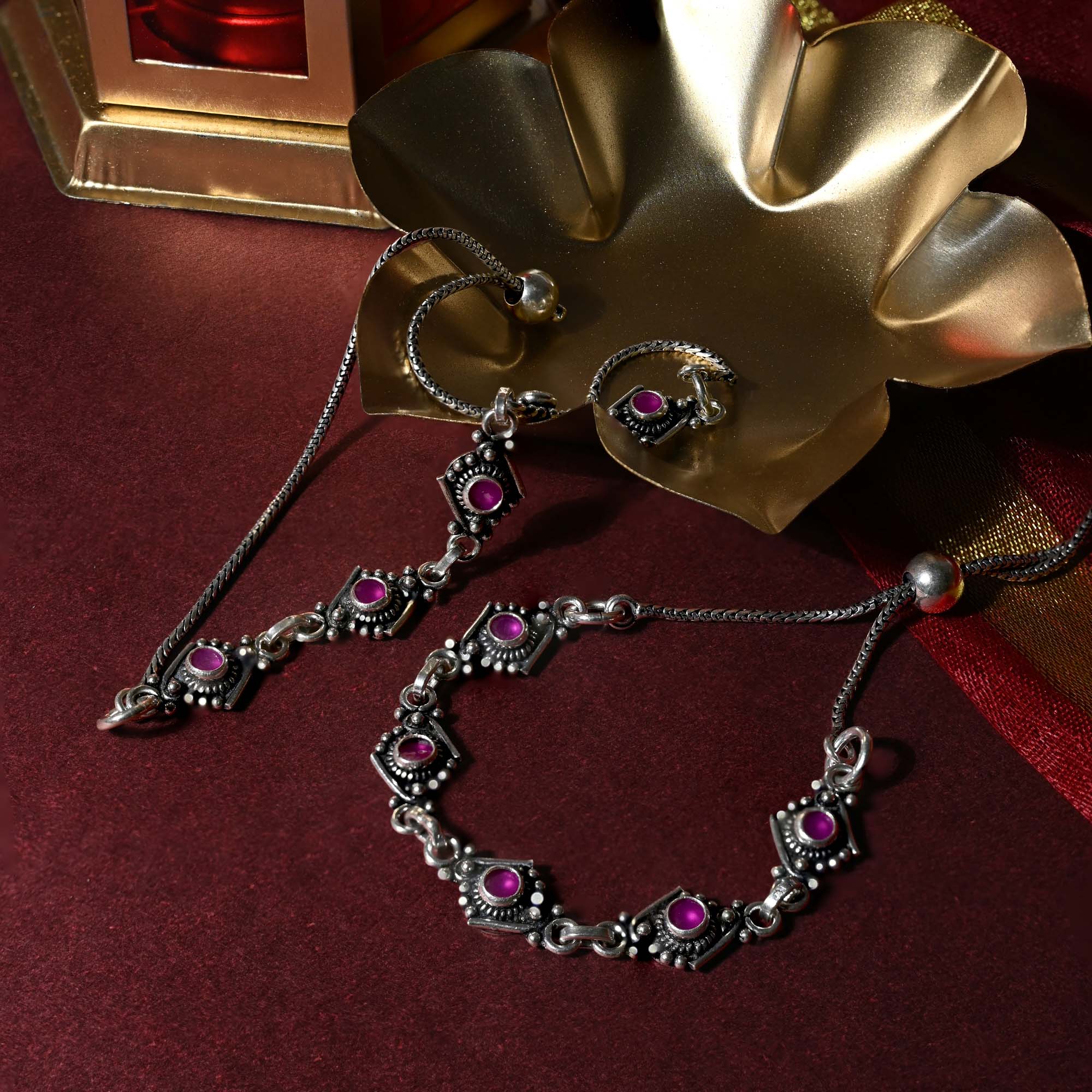 Ruby-Accented Silver Anklet