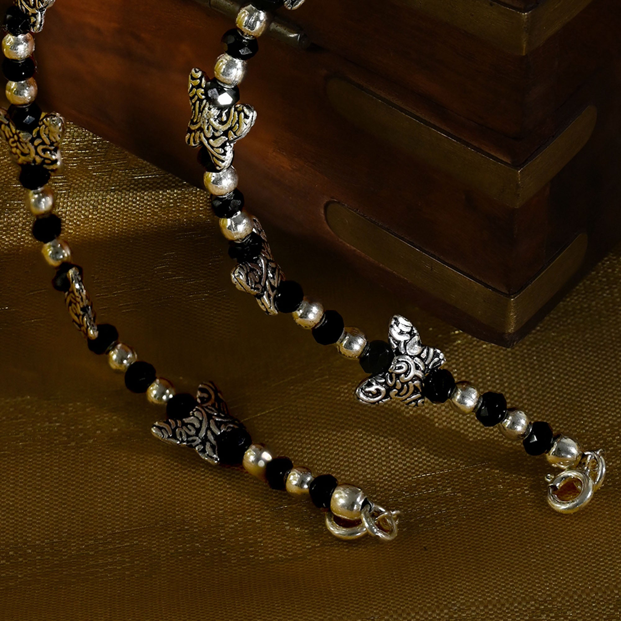 Embellished Beads Oxidised Silver Anklet