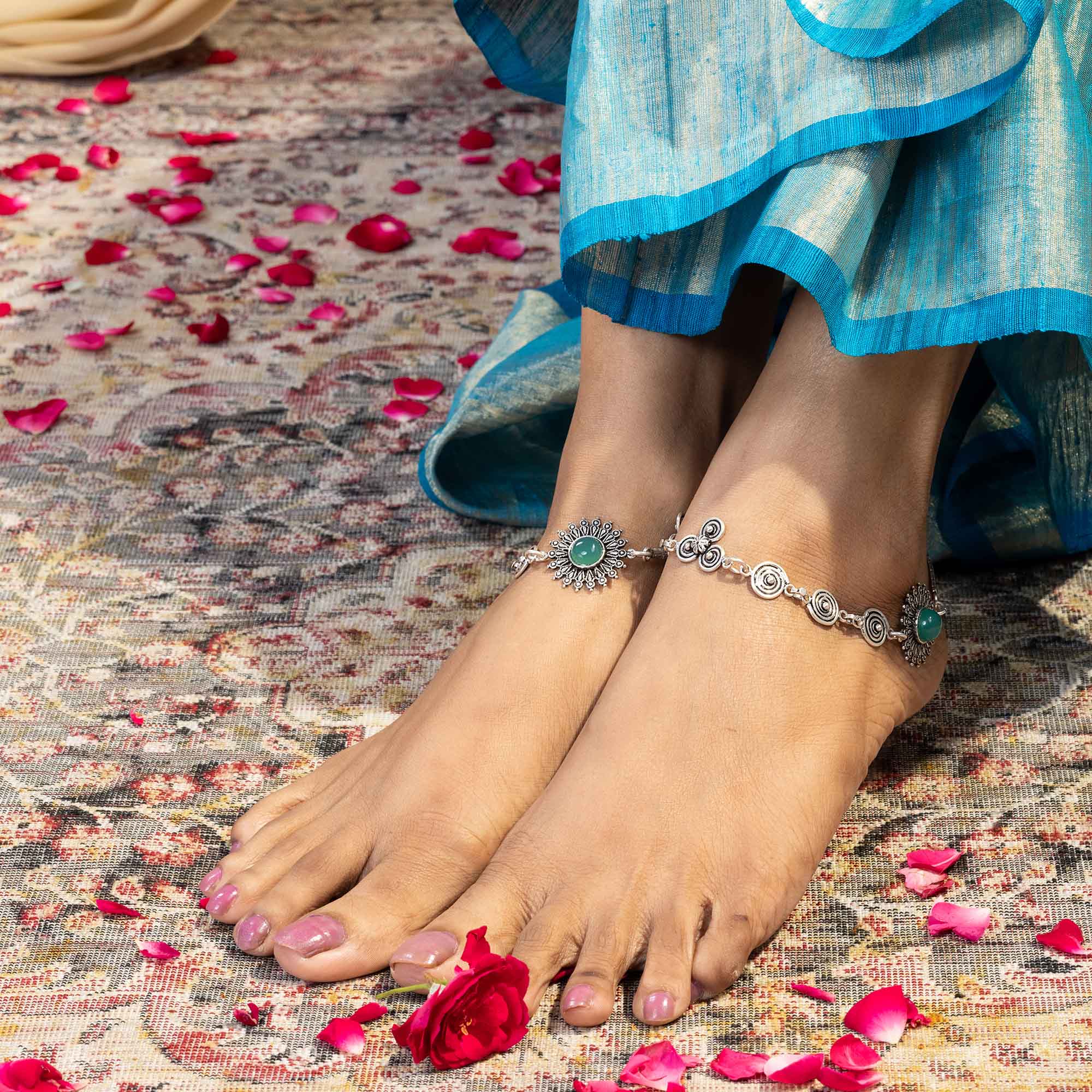 Spiral Motifs Green Stone  Anklets