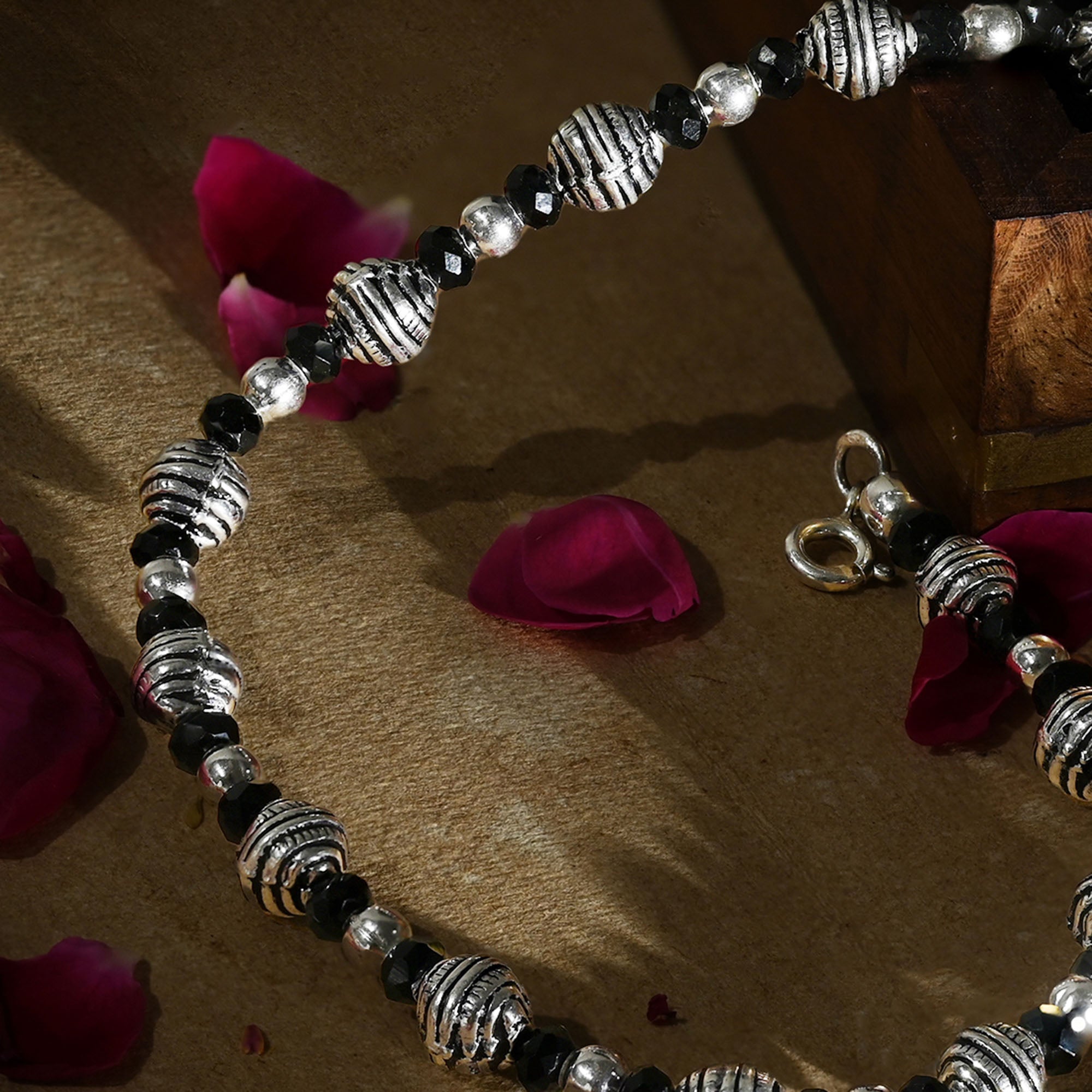 Silver Black Bead Anklet