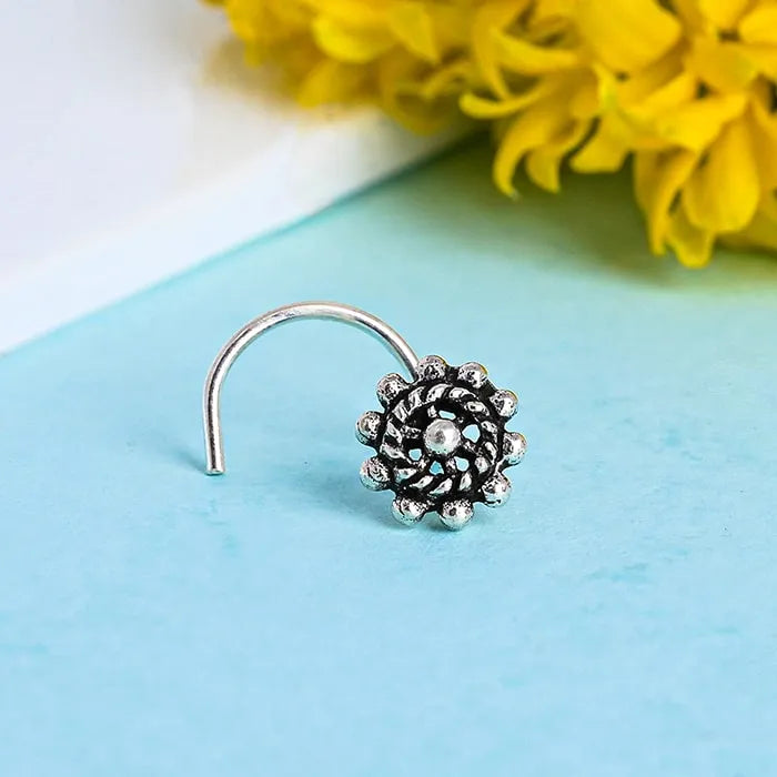 Oxidized Circular Flower Nose Pin - Touch925