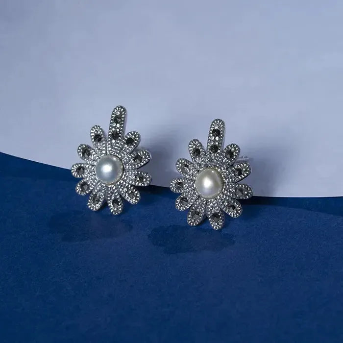 Silver Floral Pearl Earrings - Touch925